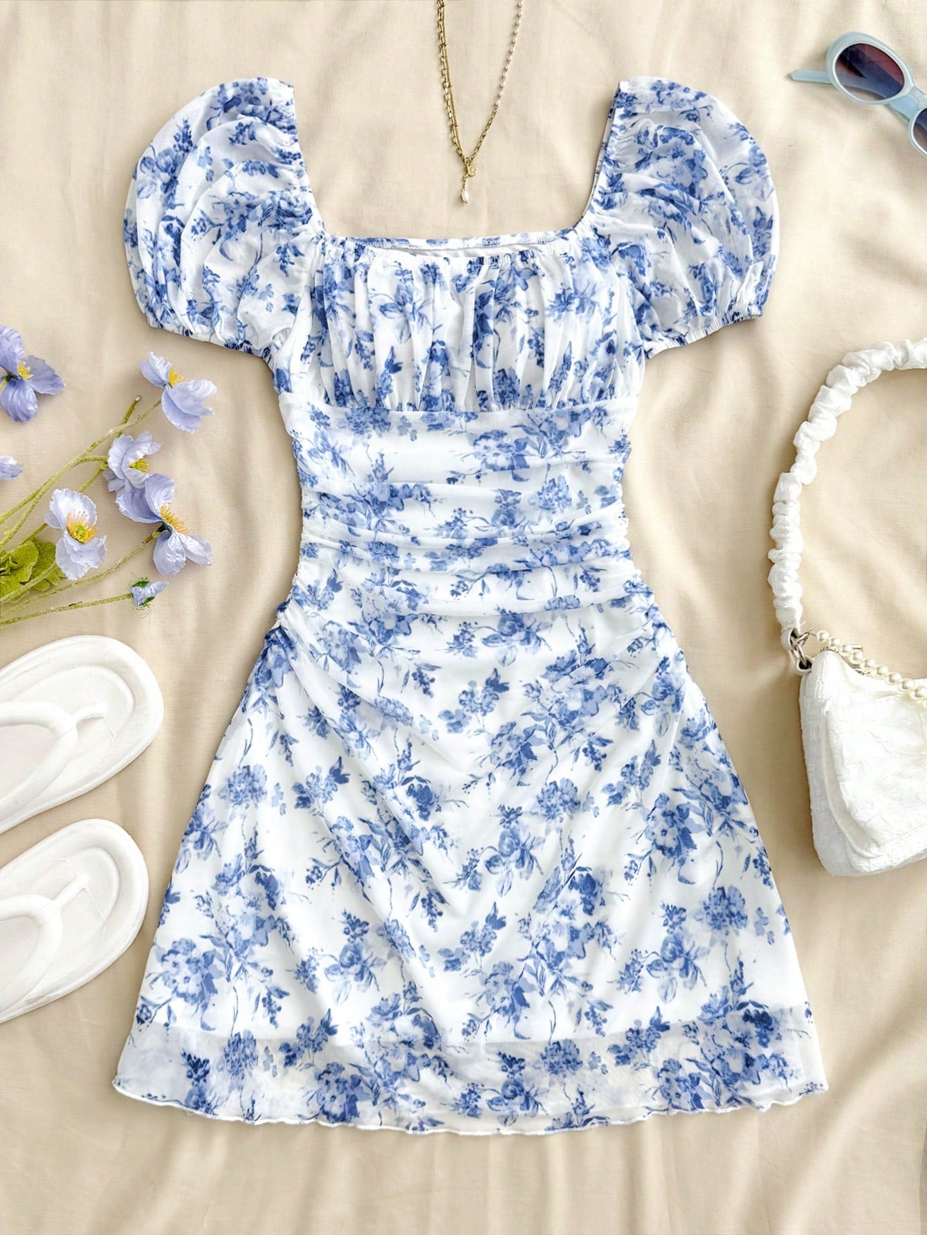 Teen girls red floral print A-line party dress featuring short puff sleeves, square neckline, ruched bust, and contrast lace details.