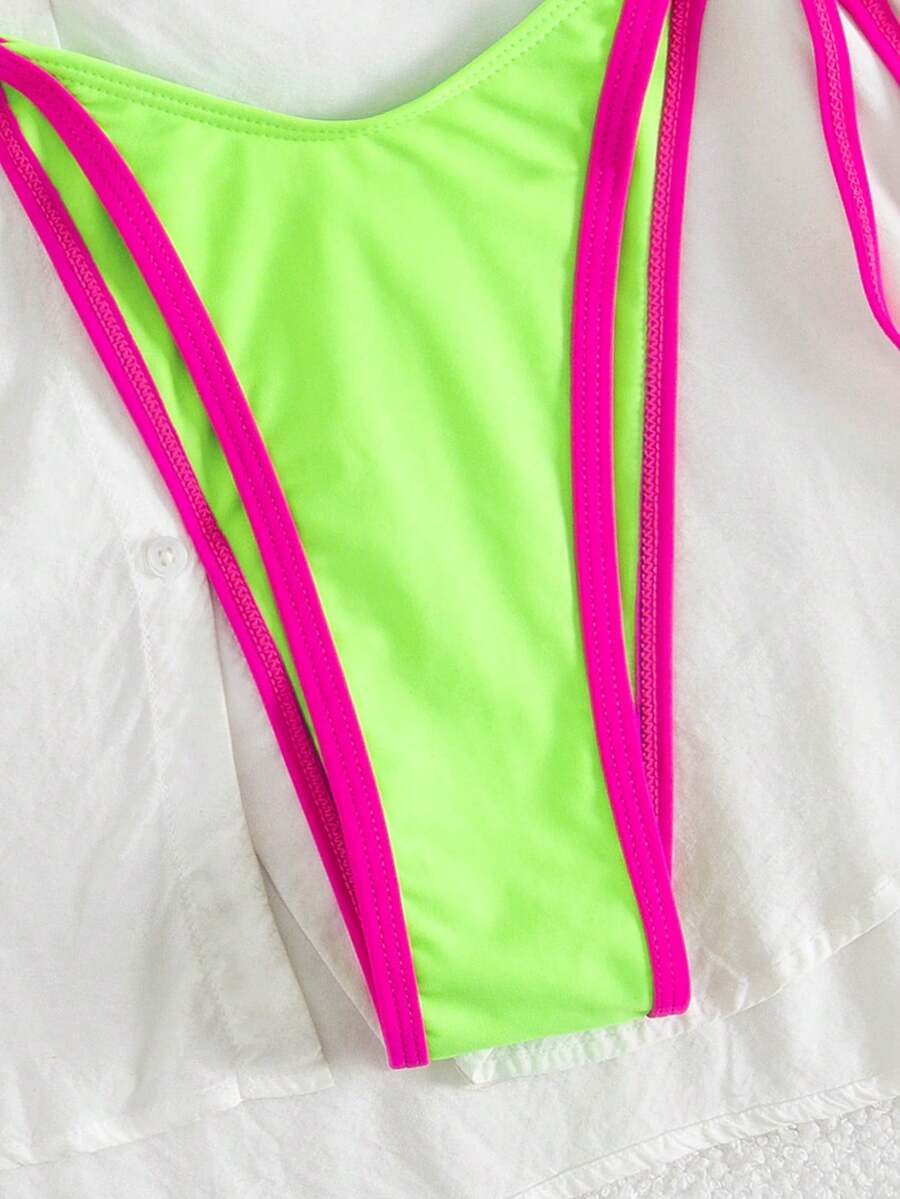 Women's two-piece halter triangle bikini set featuring a backless tie-back top with removable padding and matching tie-side mid-waist bottoms.
