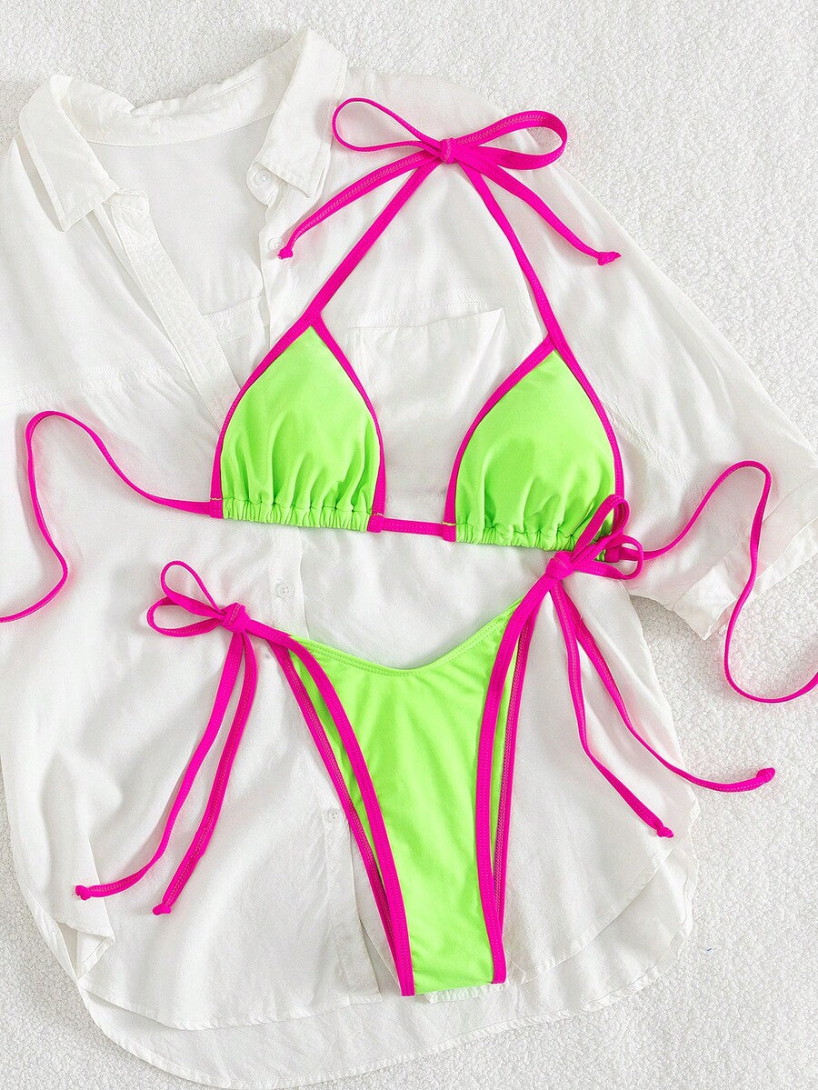 Women's two-piece halter triangle bikini set featuring a backless tie-back top with removable padding and matching tie-side mid-waist bottoms.
