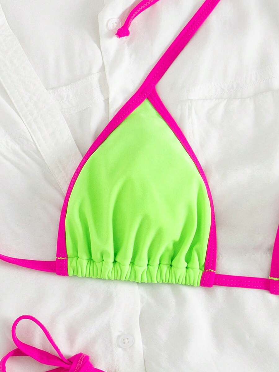 Women's two-piece halter triangle bikini set featuring a backless tie-back top with removable padding and matching tie-side mid-waist bottoms.