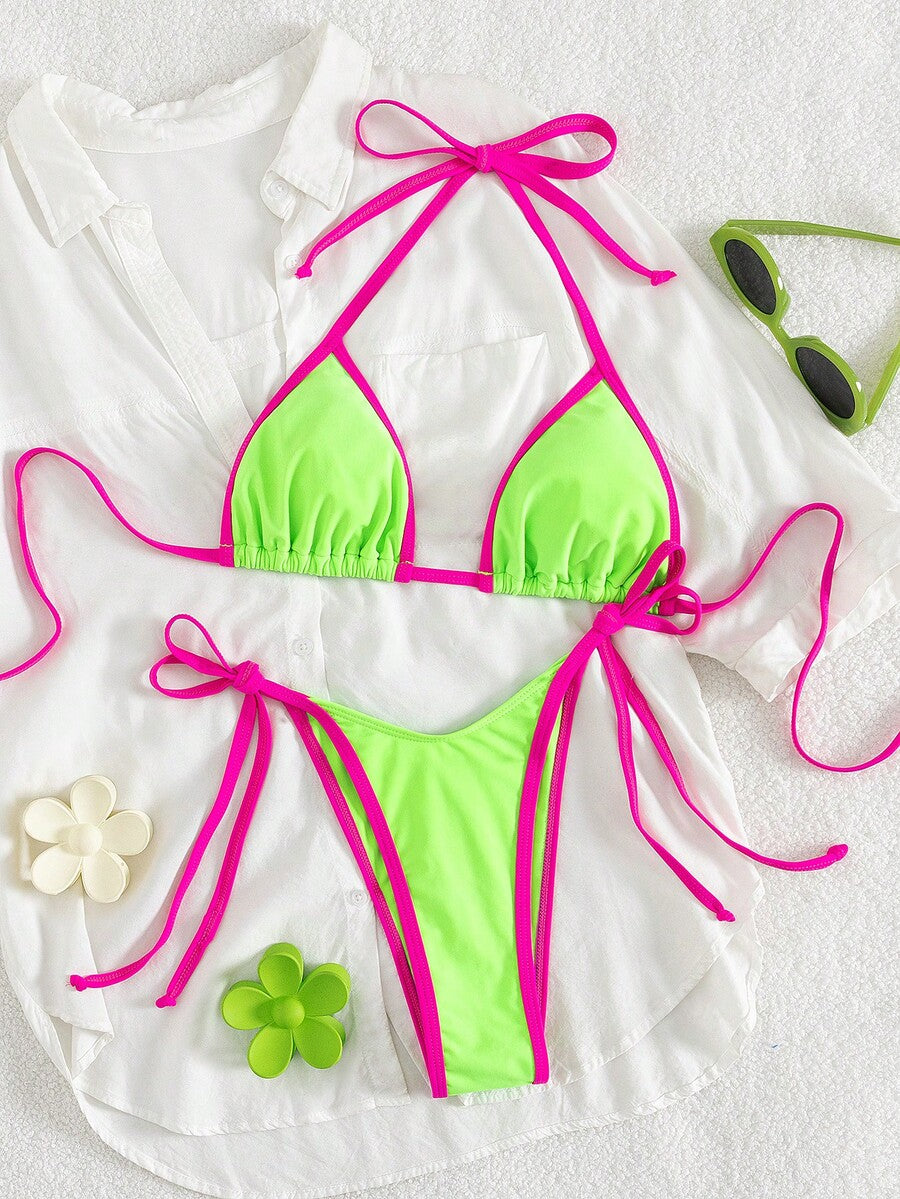 Women's two-piece halter triangle bikini set featuring a backless tie-back top with removable padding and matching tie-side mid-waist bottoms.
