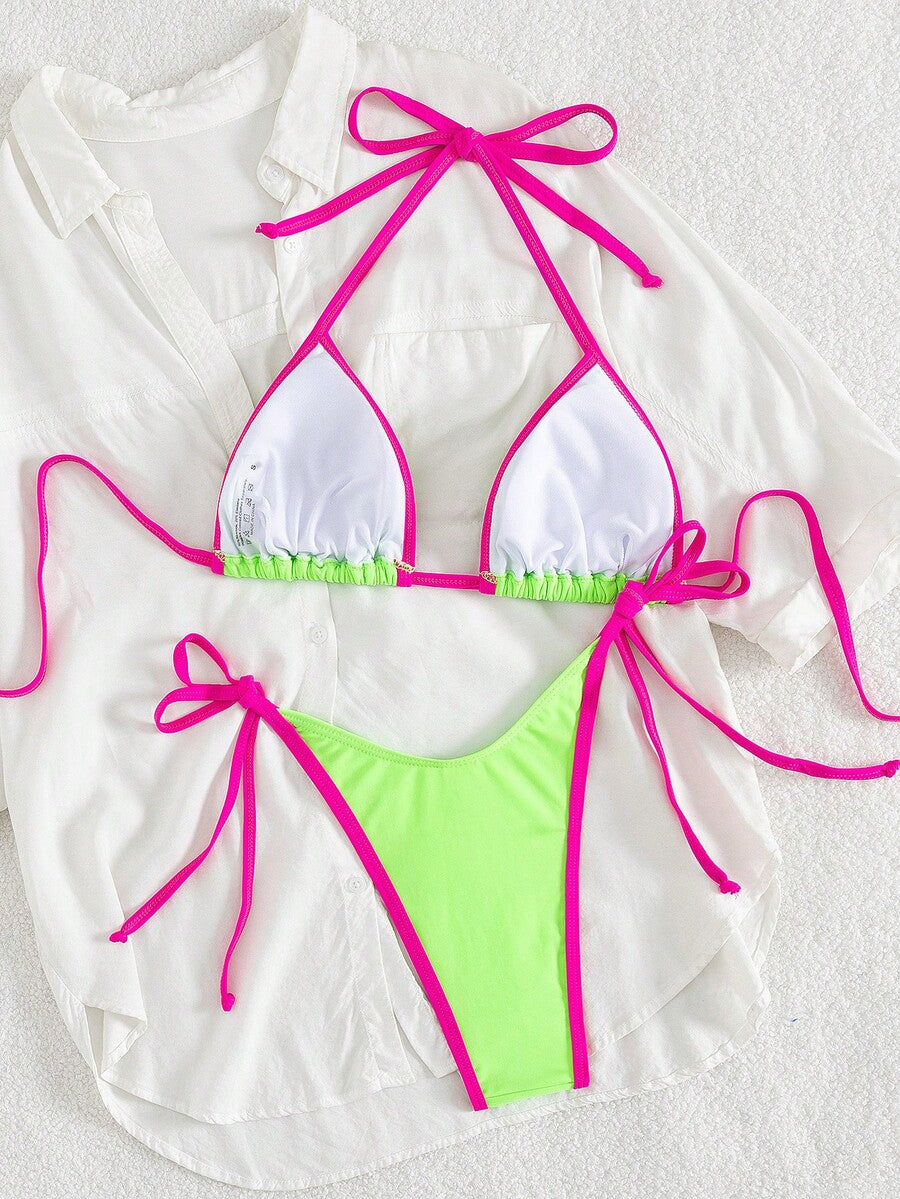 Women's two-piece halter triangle bikini set featuring a backless tie-back top with removable padding and matching tie-side mid-waist bottoms.