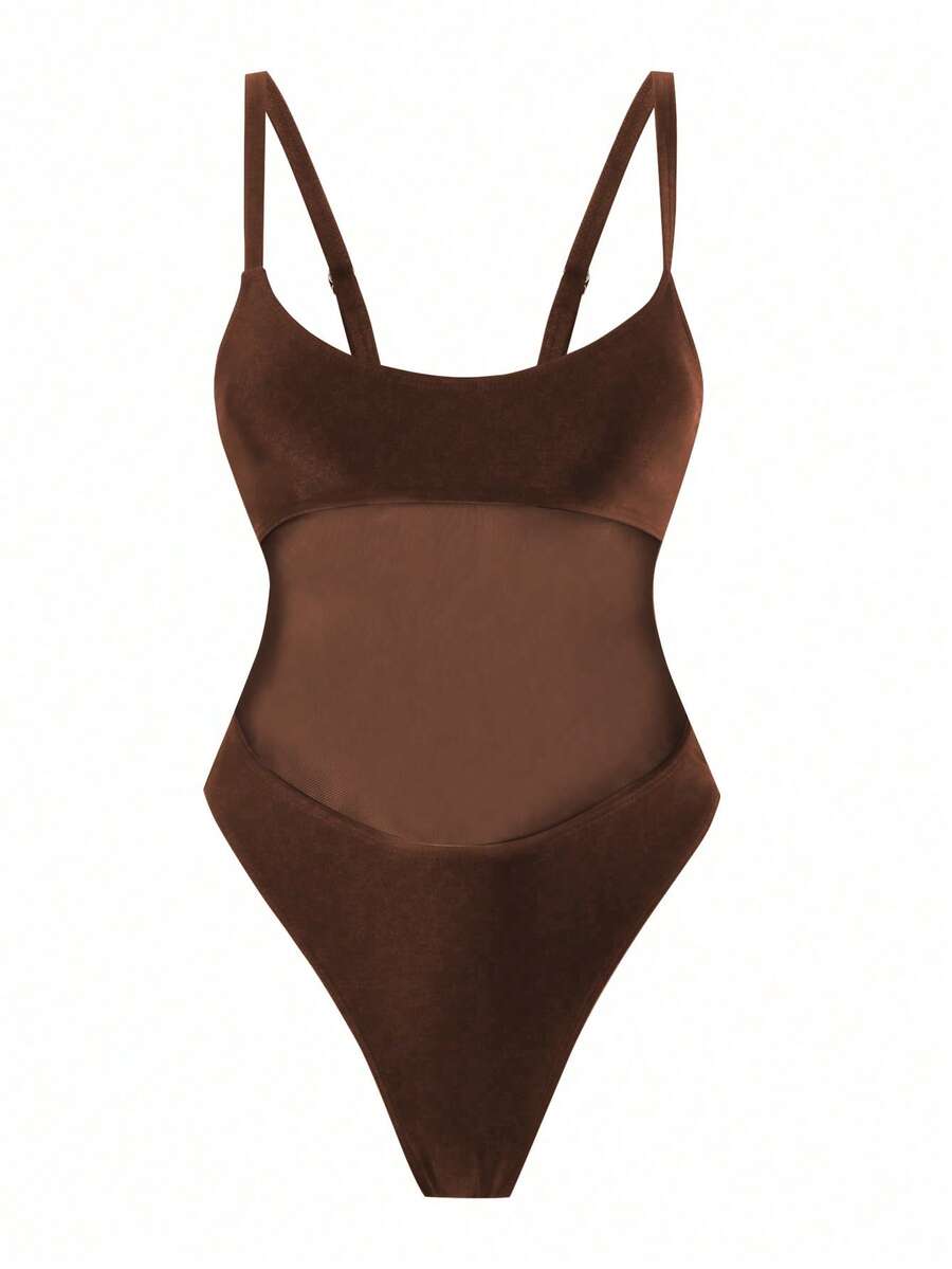 Black floral print mesh patchwork one-piece swimsuit for women featuring spaghetti straps, V-wired triangle cups, and a high waist silhouette.