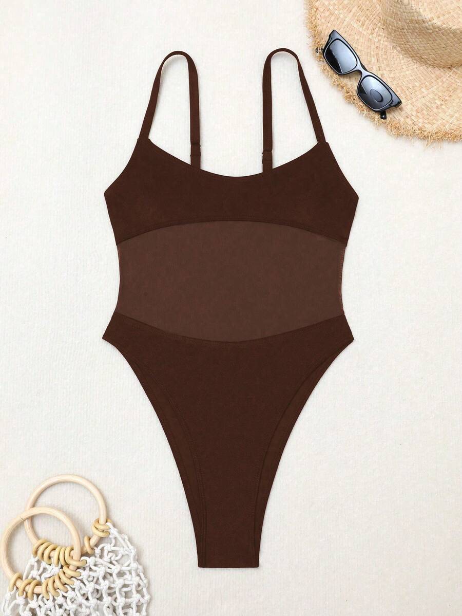Black floral print mesh patchwork one-piece swimsuit for women featuring spaghetti straps, V-wired triangle cups, and a high waist silhouette.