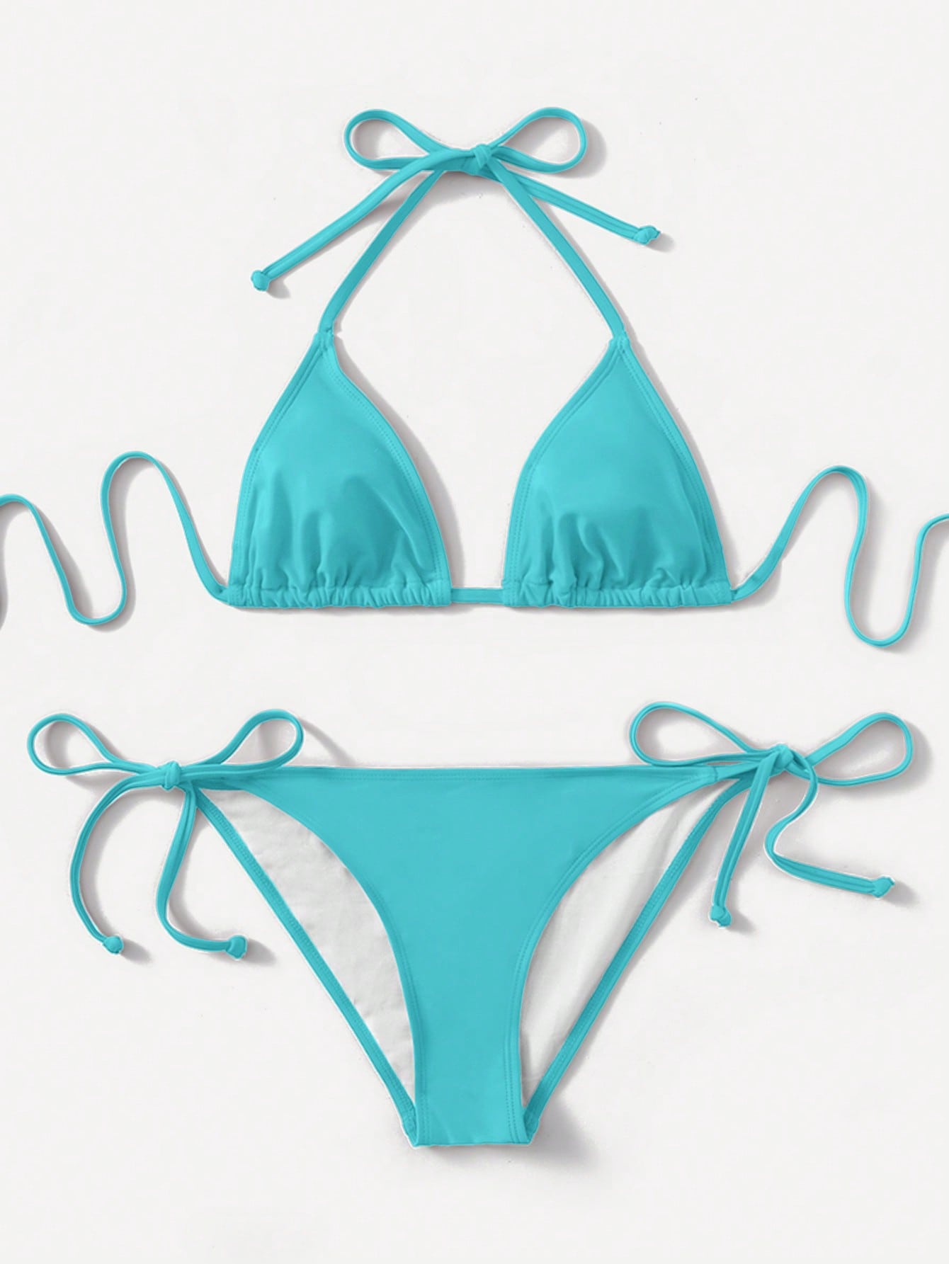 Women's high waist halter tie bikini swimwear set featuring triangle cups, wireless bra with removable padding, and tie side bottoms.