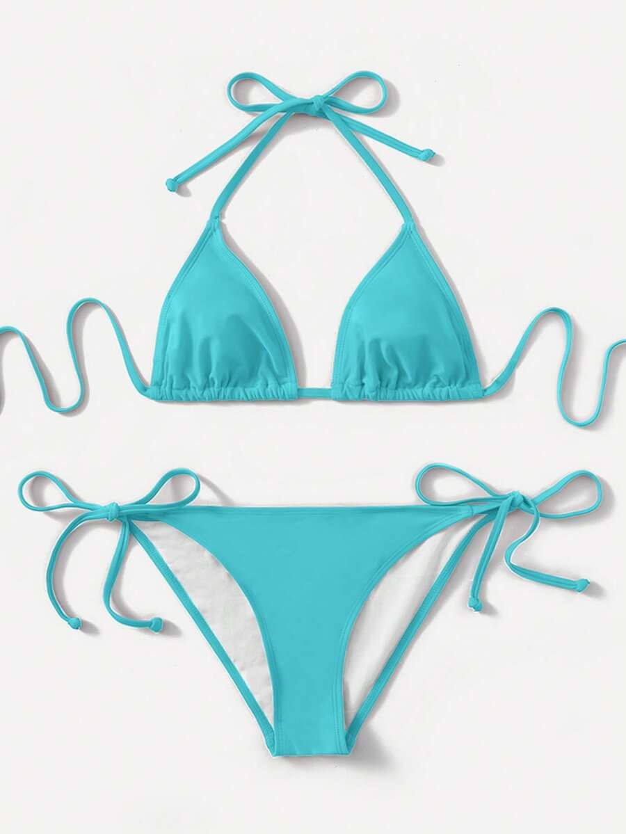 Women's high waist halter tie bikini swimwear set featuring triangle cups, wireless bra with removable padding, and tie side bottoms.
