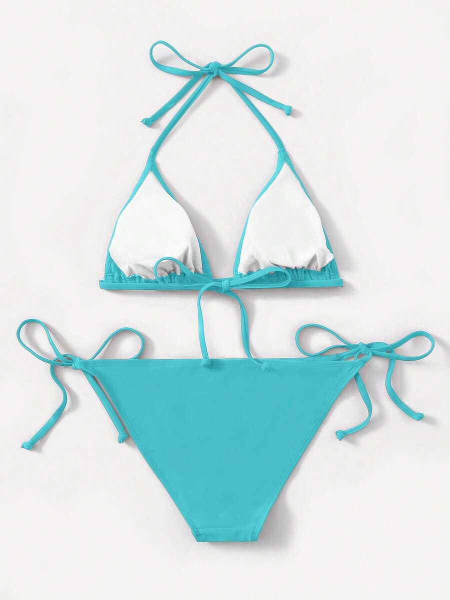 Women's high waist halter tie bikini swimwear set featuring triangle cups, wireless bra with removable padding, and tie side bottoms.