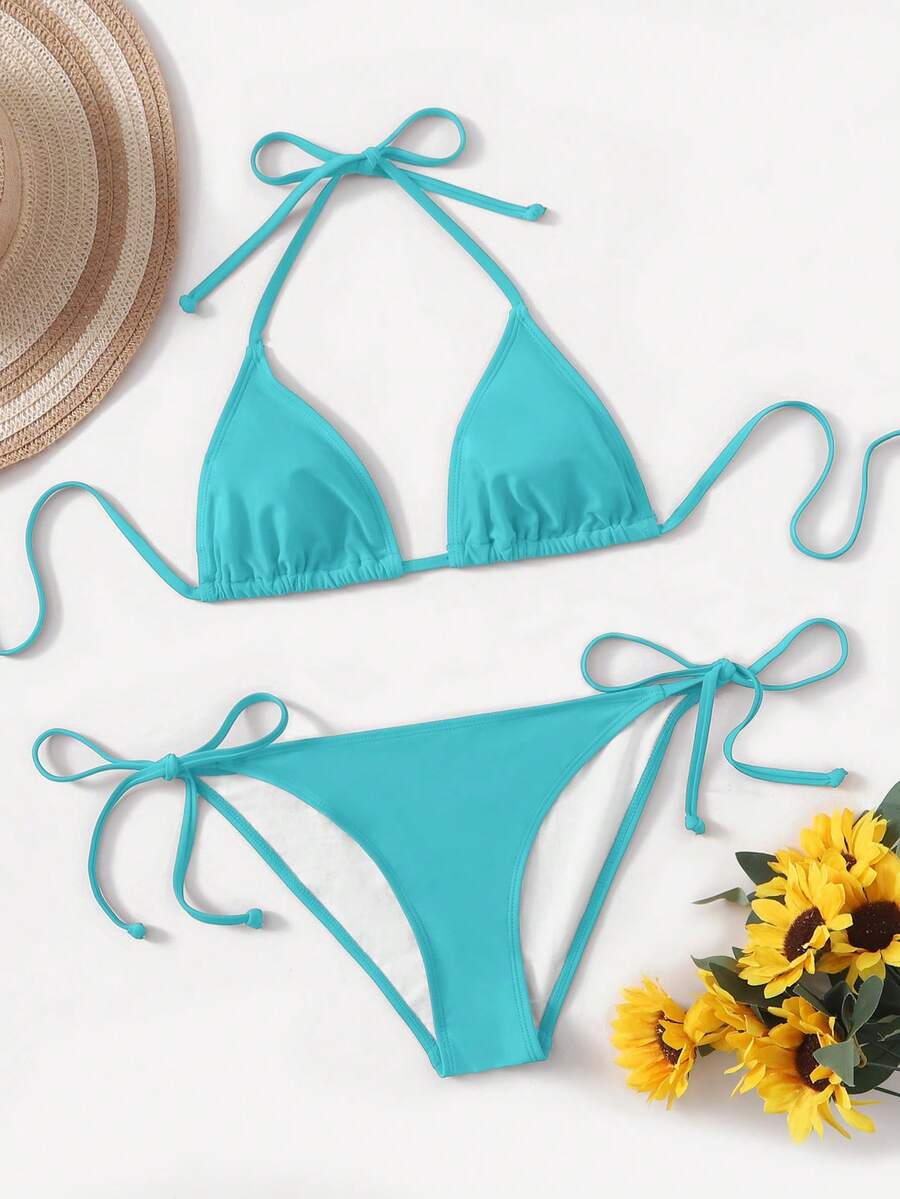 Women's high waist halter tie bikini swimwear set featuring triangle cups, wireless bra with removable padding, and tie side bottoms.