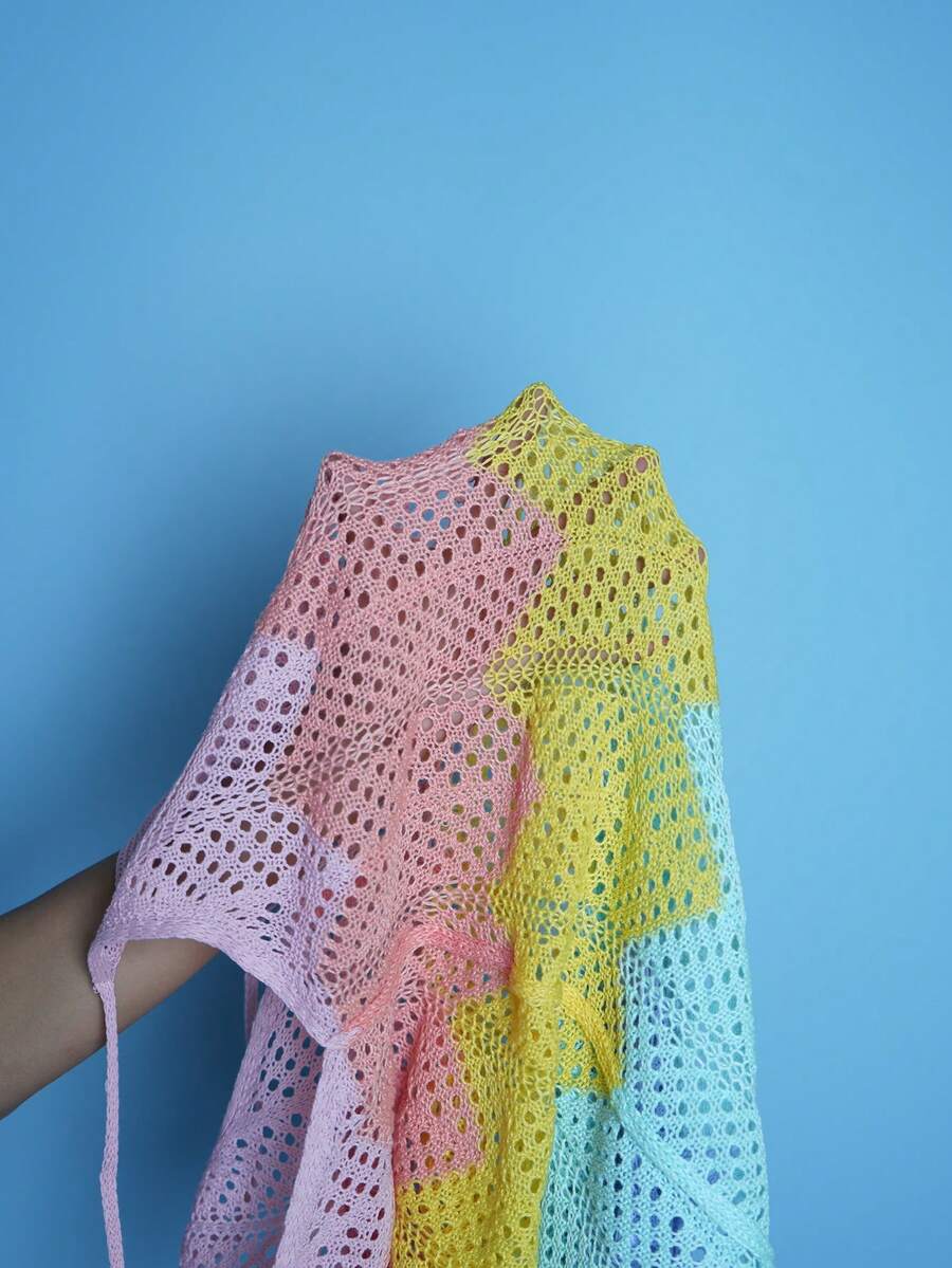Girls' multicolor rainbow gradient crochet beach cover up with hollow-out knit design, spaghetti straps, sleeveless A-line shape, and semi-sheer finish.