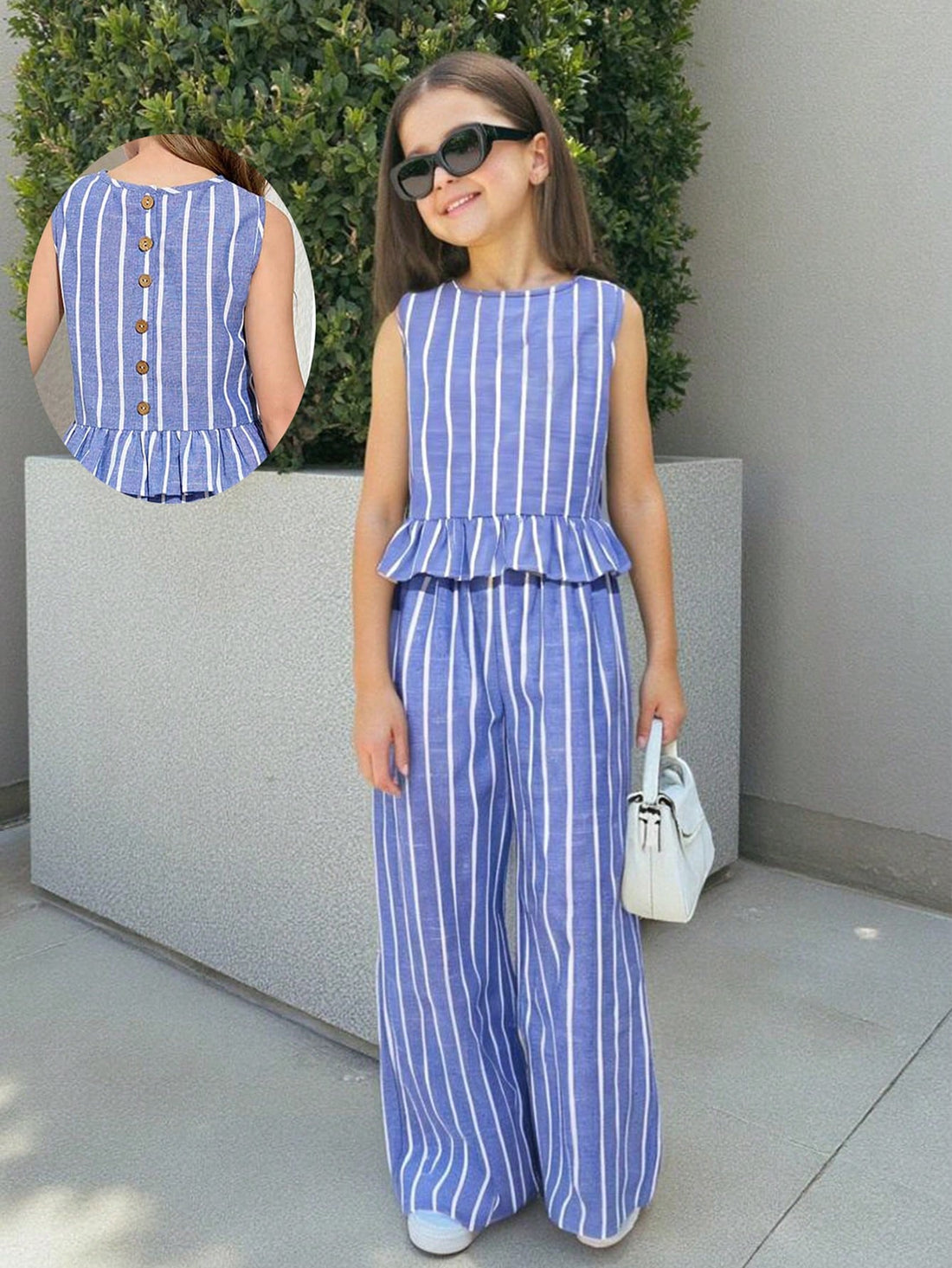 Tween girls blue striped sleeveless short top with button and ruffle details paired with matching long straight leg pants.