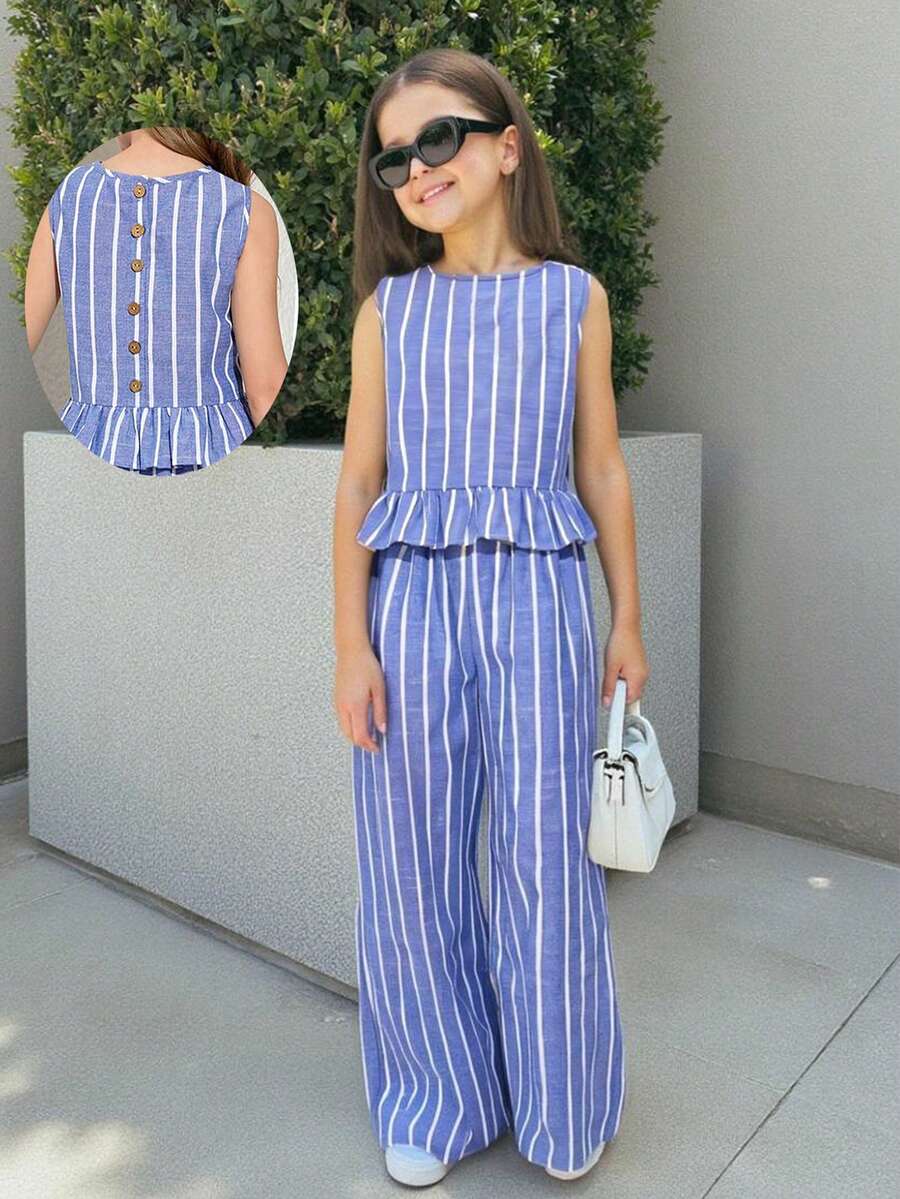 Tween girls blue striped sleeveless short top with button and ruffle details paired with matching long straight leg pants.