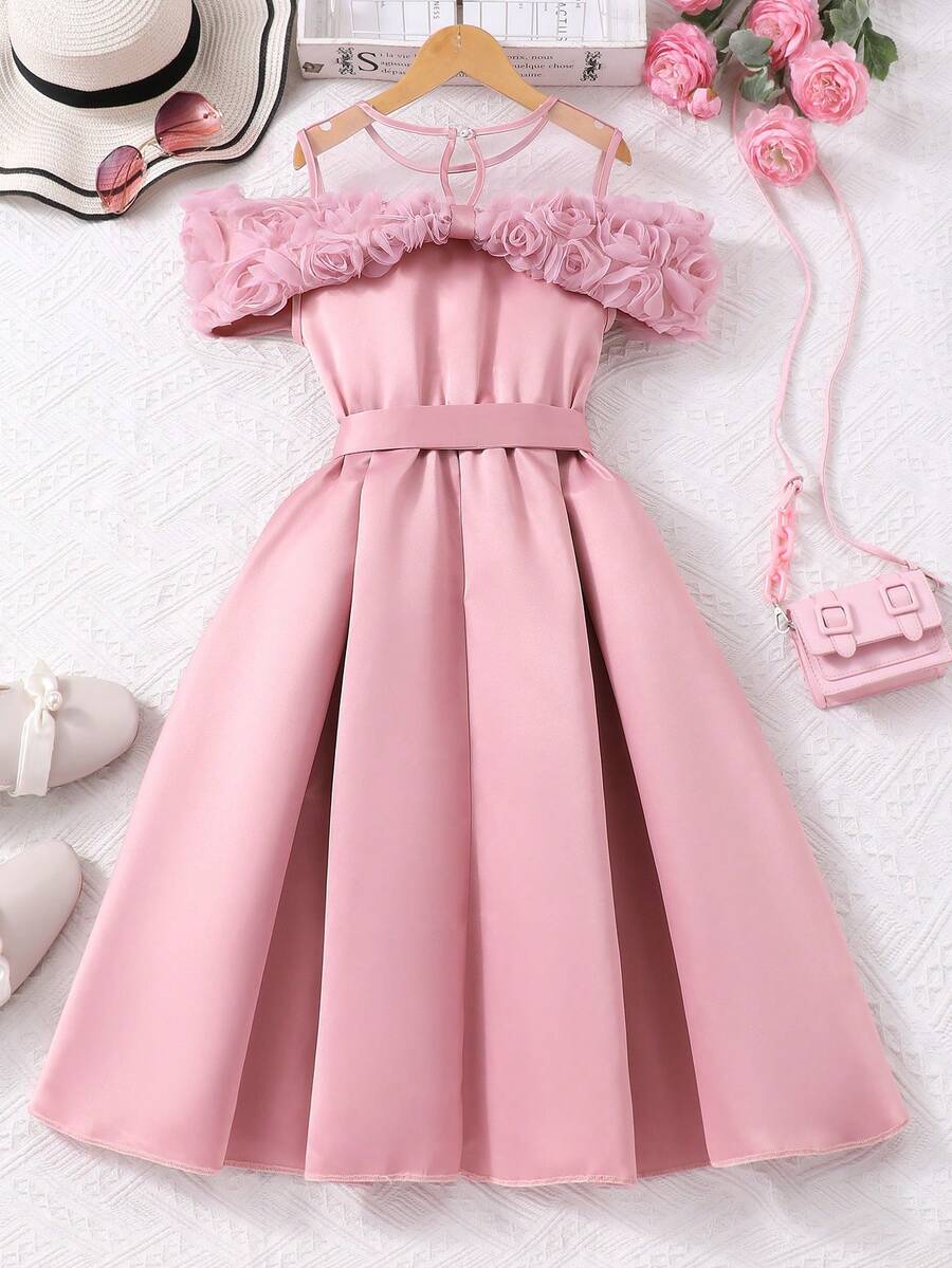 Tween girls dusty blue casual A-line dress with round neck, ruffle accents, high waist, and flared hem.