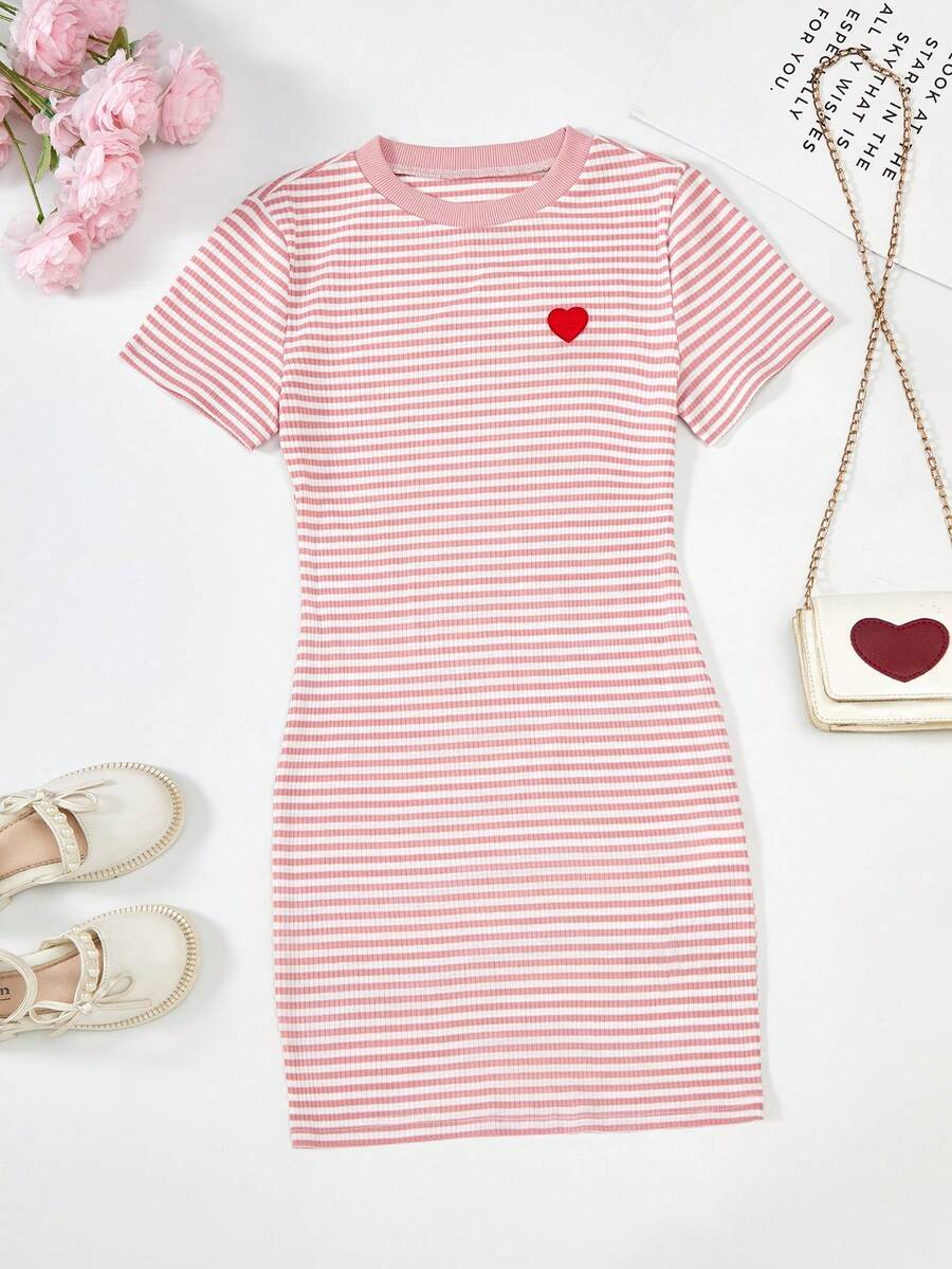 Girls black striped midi dress featuring short sleeves, round neck, slim fit, and flared hem.