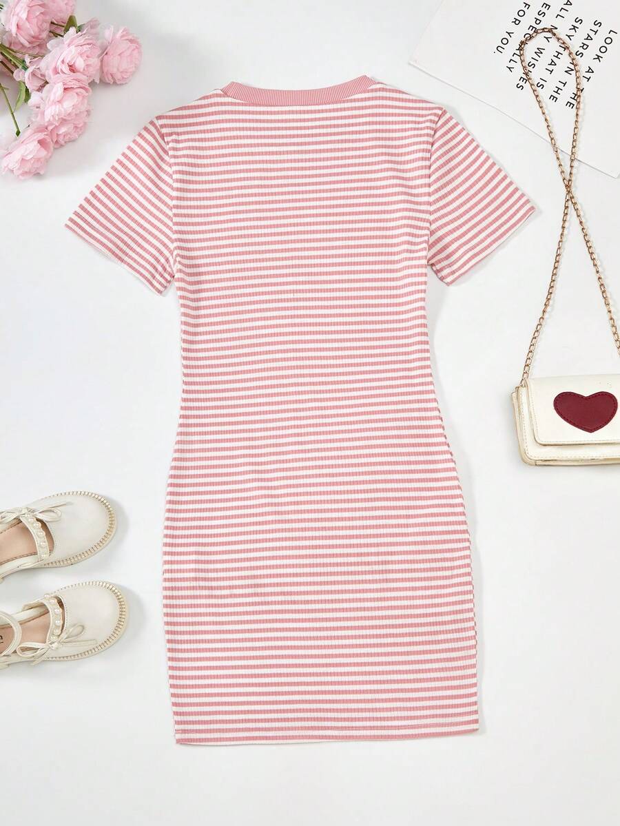 Girls black striped midi dress featuring short sleeves, round neck, slim fit, and flared hem.