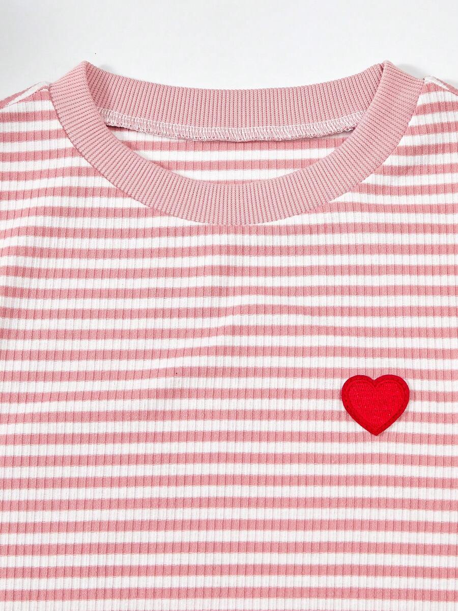 Girls black striped midi dress featuring short sleeves, round neck, slim fit, and flared hem.