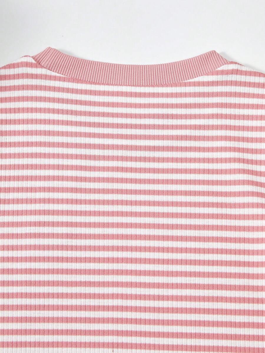 Girls black striped midi dress featuring short sleeves, round neck, slim fit, and flared hem.