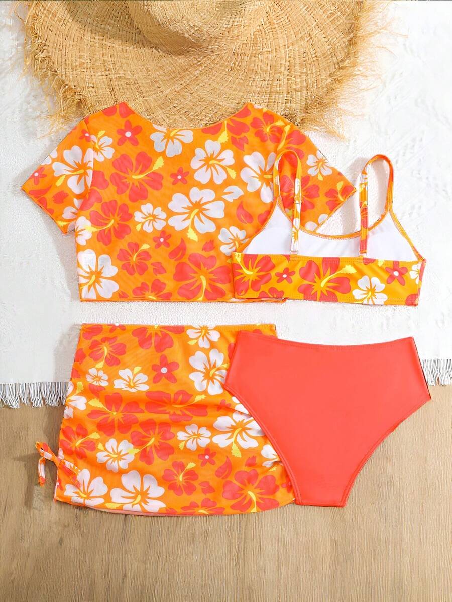 Tween girls 4-piece boho butterfly print bikini set in blue featuring spaghetti strap top, mid waist bottoms, and matching cover-up skirt.