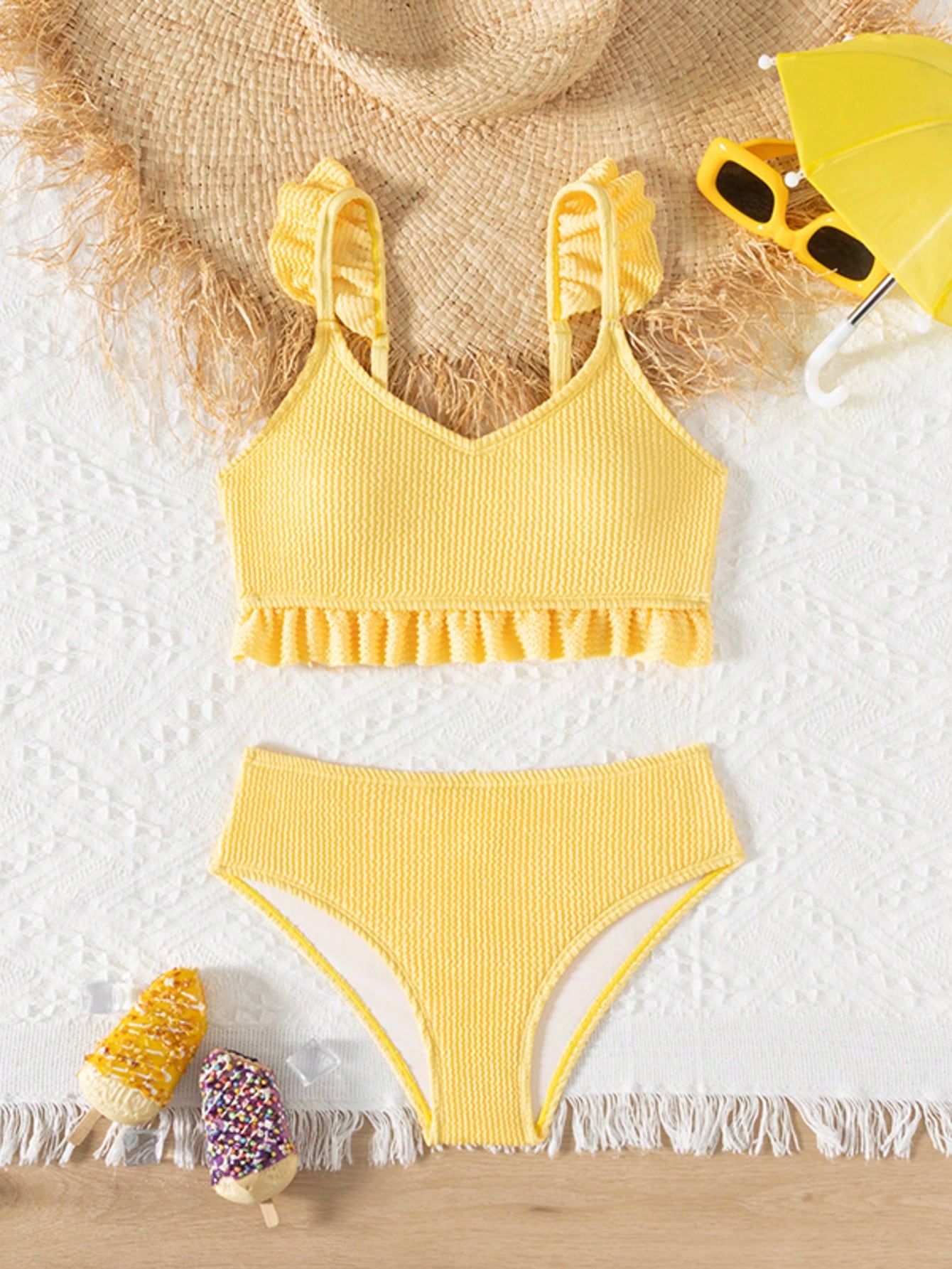 Tween girls solid yellow ruffle trim bikini set with spaghetti straps, lined wireless top, and mid-waist bottom for summer beach vacation