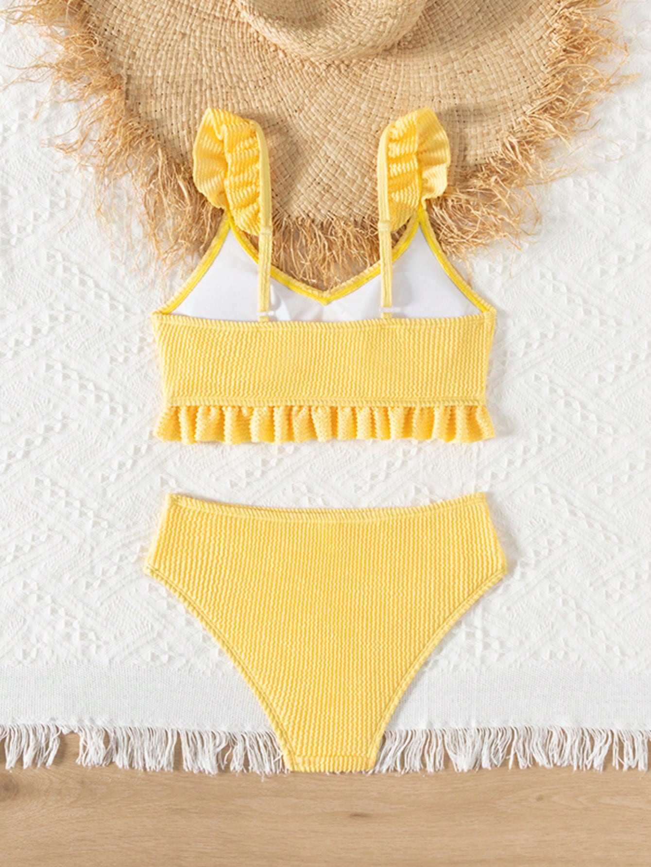 Tween girls solid yellow ruffle trim bikini set with spaghetti straps, lined wireless top, and mid-waist bottom for summer beach vacation
