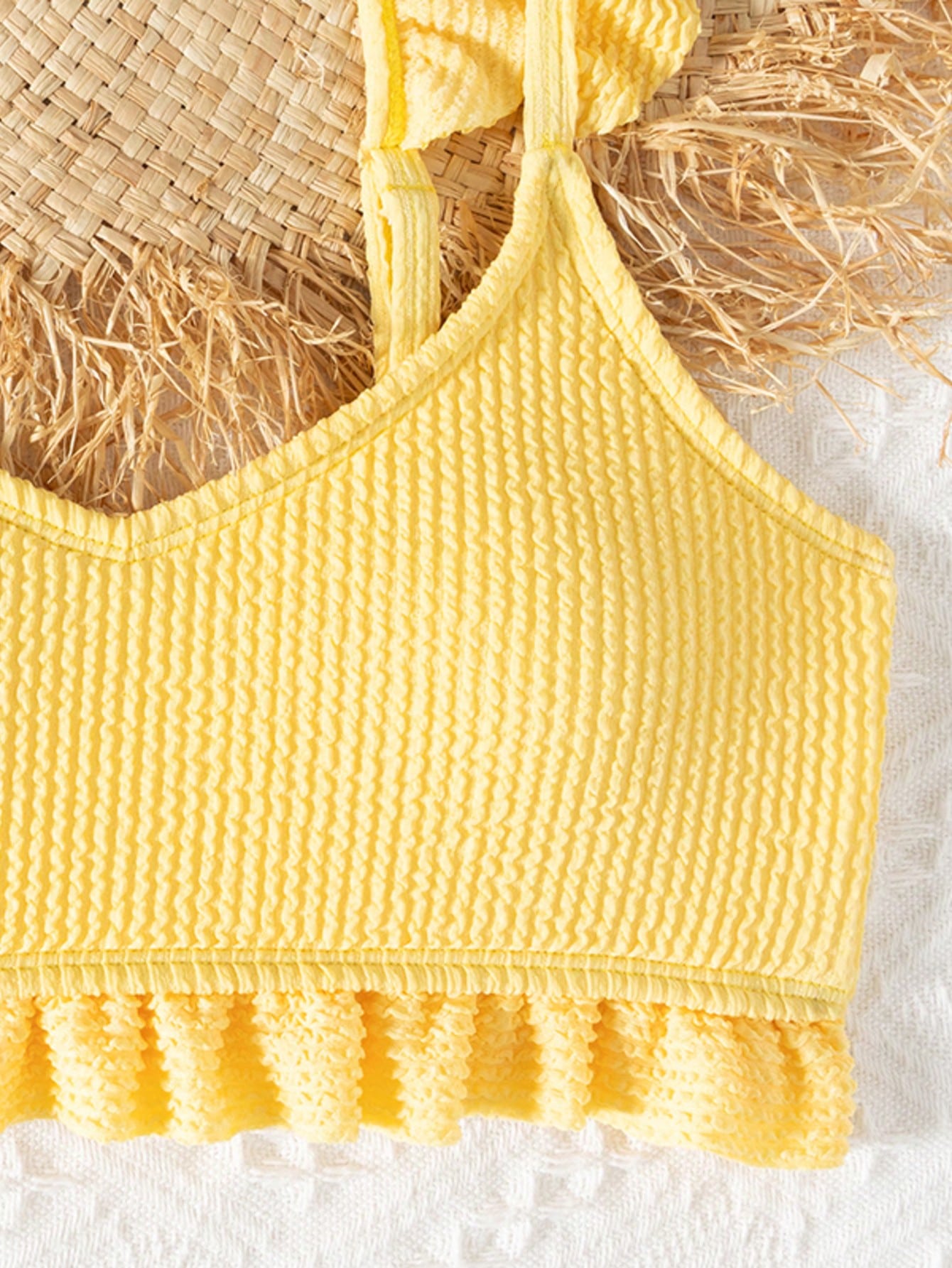 Tween girls solid yellow ruffle trim bikini set with spaghetti straps, lined wireless top, and mid-waist bottom for summer beach vacation