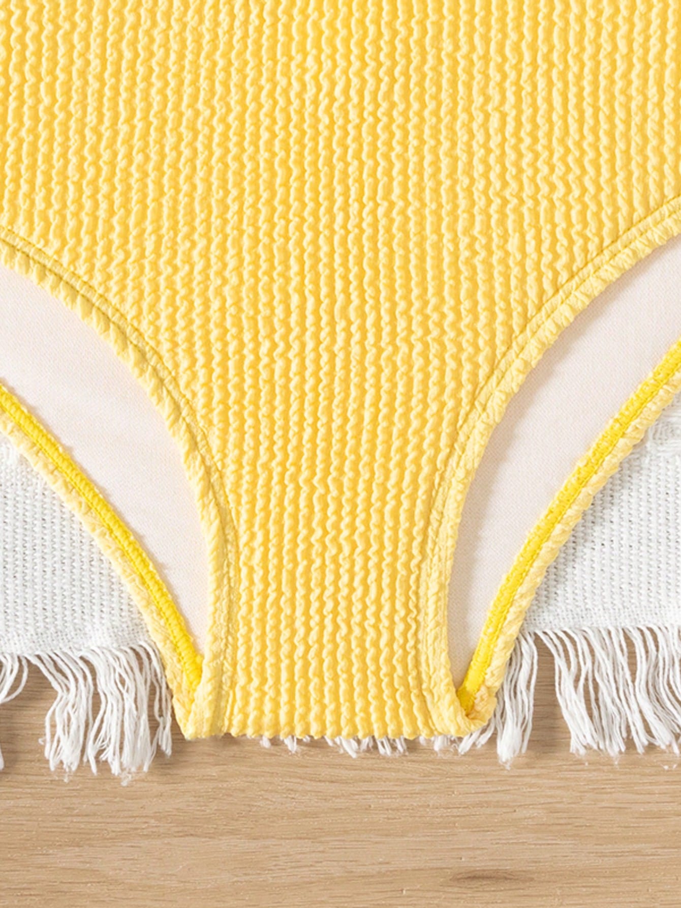 Tween girls solid yellow ruffle trim bikini set with spaghetti straps, lined wireless top, and mid-waist bottom for summer beach vacation