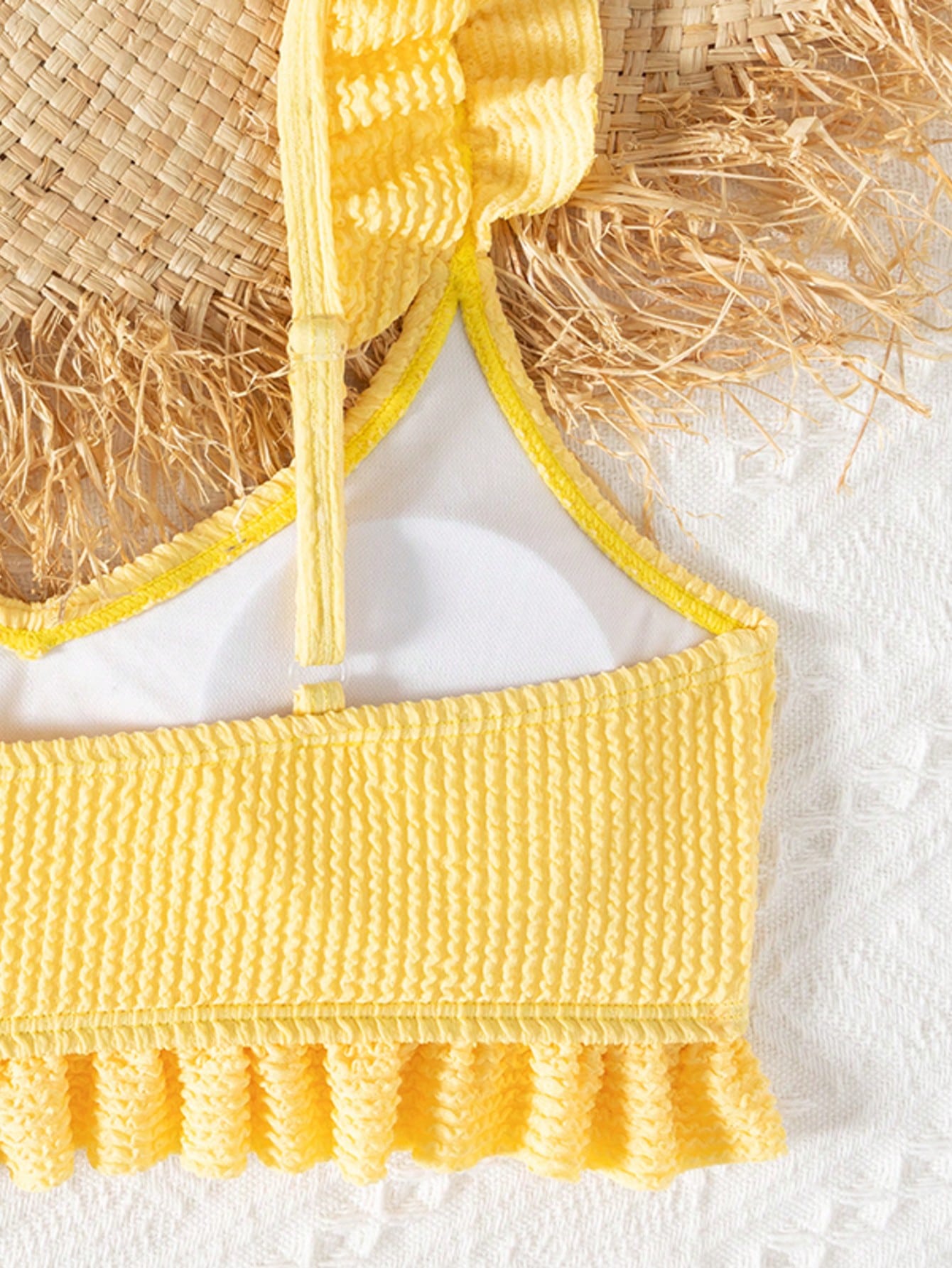 Tween girls solid yellow ruffle trim bikini set with spaghetti straps, lined wireless top, and mid-waist bottom for summer beach vacation