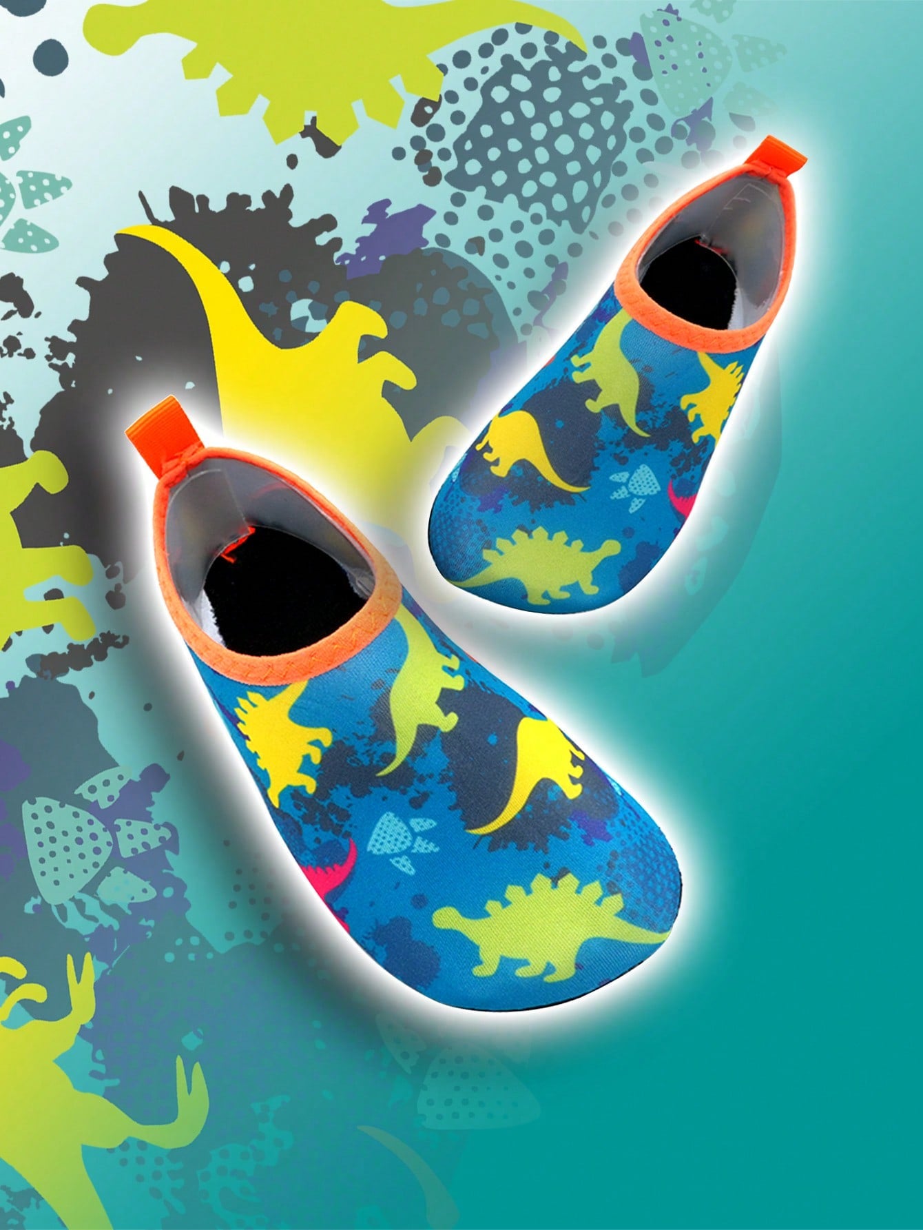 Multicolor cartoon dinosaur kids water shoes with breathable slip-on design and non-slip rubber outsole for boys.