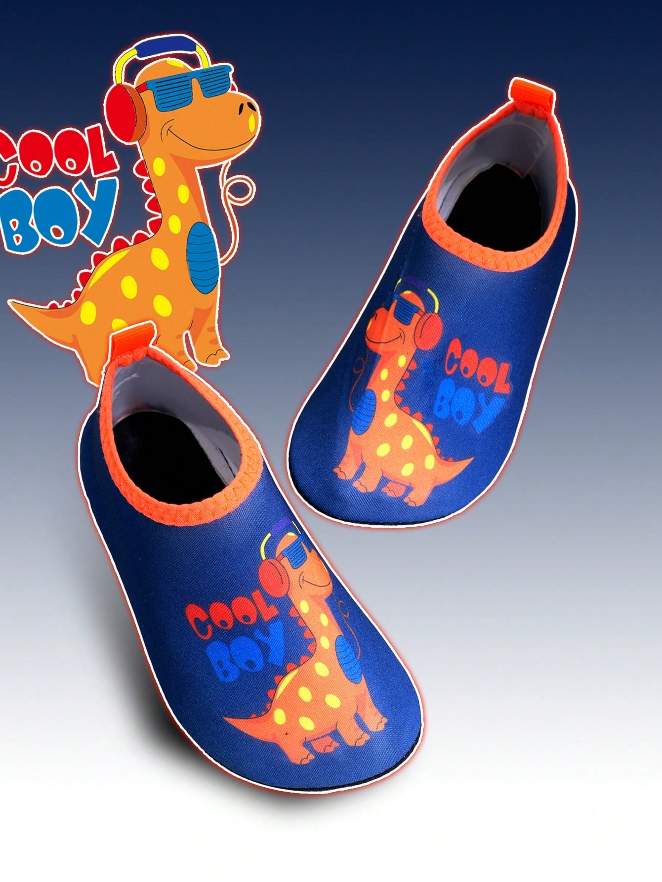 Multicolor cartoon dinosaur kids water shoes with breathable slip-on design and non-slip rubber outsole for boys.