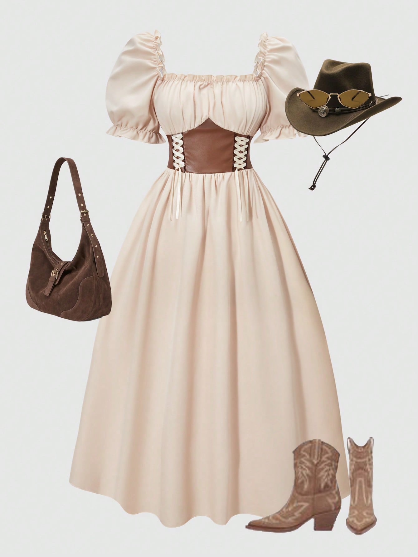 Apricot tween girls dress featuring square neckline, short puff sleeves, ruched bust, high waist, and flared A-line hem.