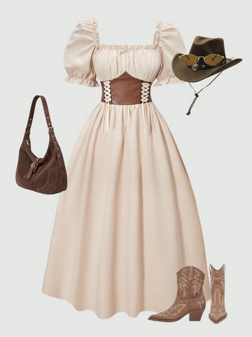 Apricot tween girls dress featuring square neckline, short puff sleeves, ruched bust, high waist, and flared A-line hem.