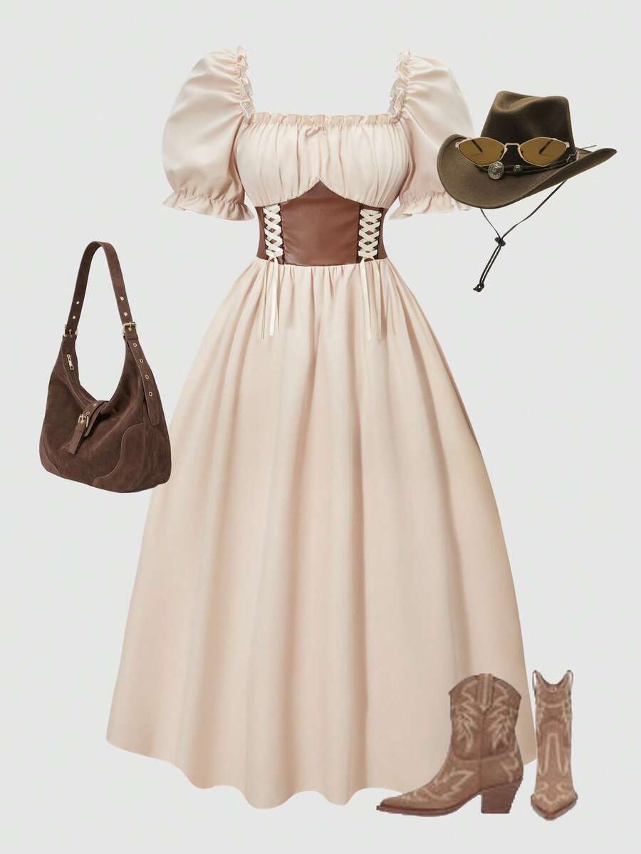 Apricot tween girls dress featuring square neckline, short puff sleeves, ruched bust, high waist, and flared A-line hem.