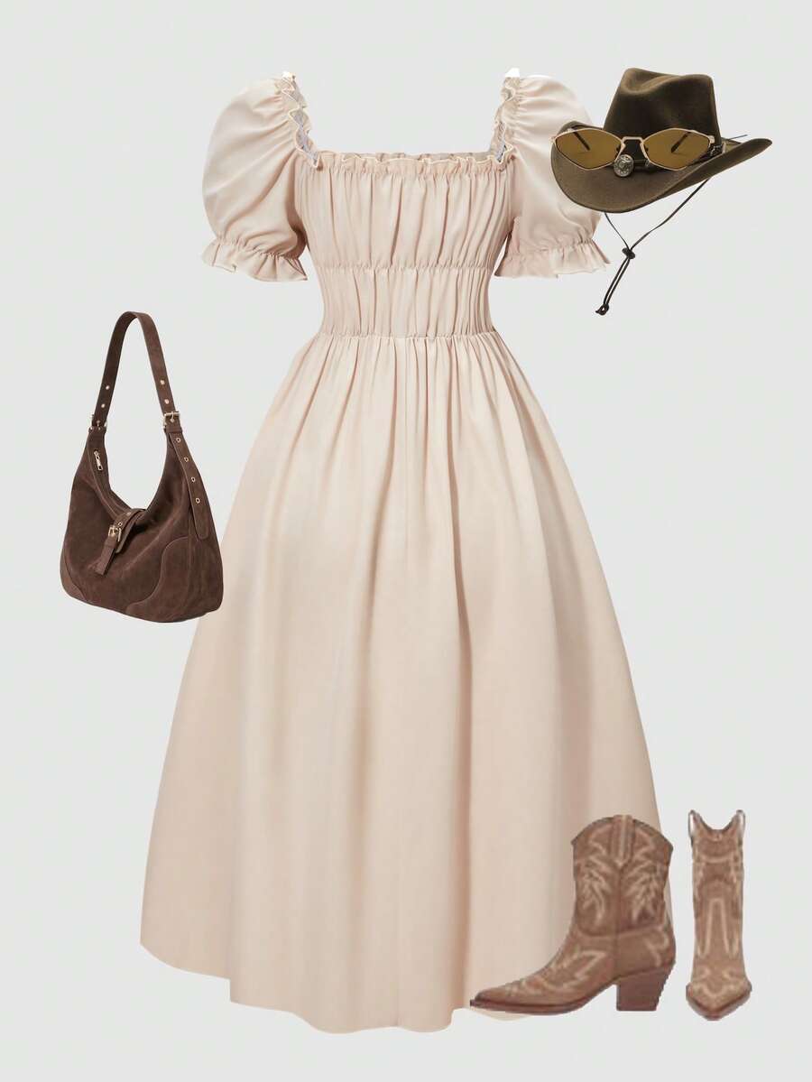 Apricot tween girls dress featuring square neckline, short puff sleeves, ruched bust, high waist, and flared A-line hem.