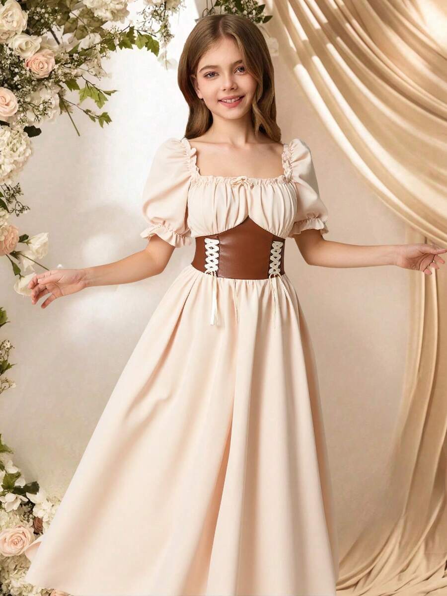 Apricot tween girls dress featuring square neckline, short puff sleeves, ruched bust, high waist, and flared A-line hem.