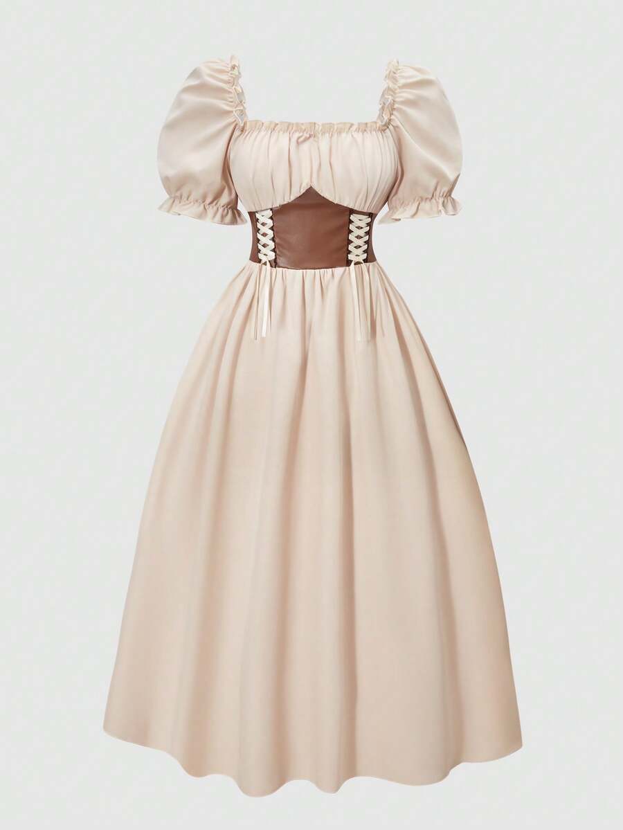 Apricot tween girls dress featuring square neckline, short puff sleeves, ruched bust, high waist, and flared A-line hem.