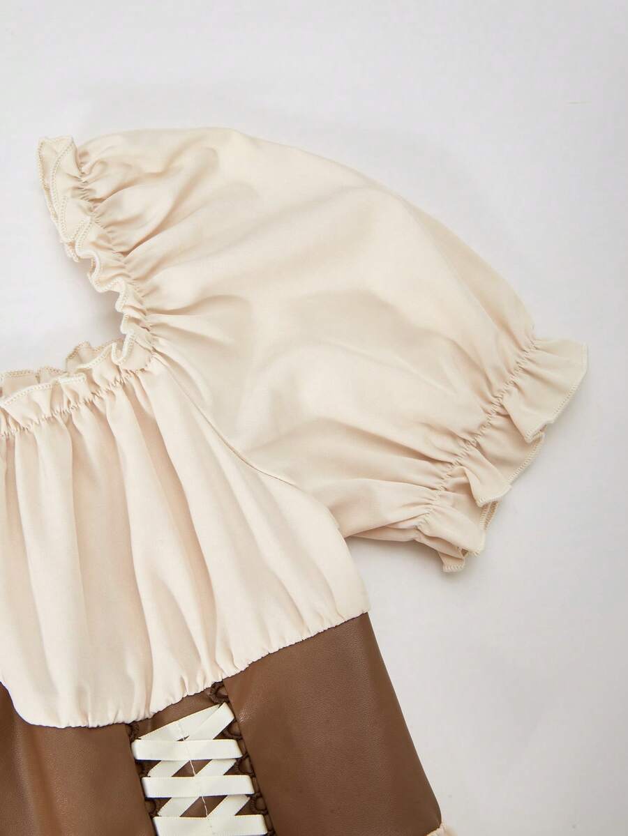 Apricot tween girls dress featuring square neckline, short puff sleeves, ruched bust, high waist, and flared A-line hem.