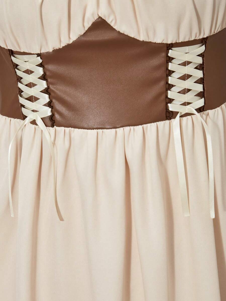 Apricot tween girls dress featuring square neckline, short puff sleeves, ruched bust, high waist, and flared A-line hem.