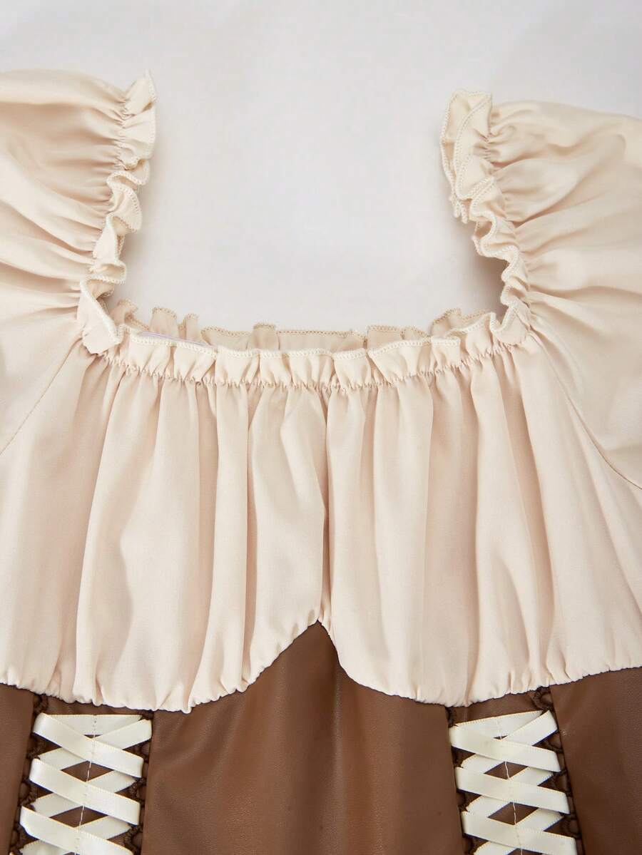 Apricot tween girls dress featuring square neckline, short puff sleeves, ruched bust, high waist, and flared A-line hem.