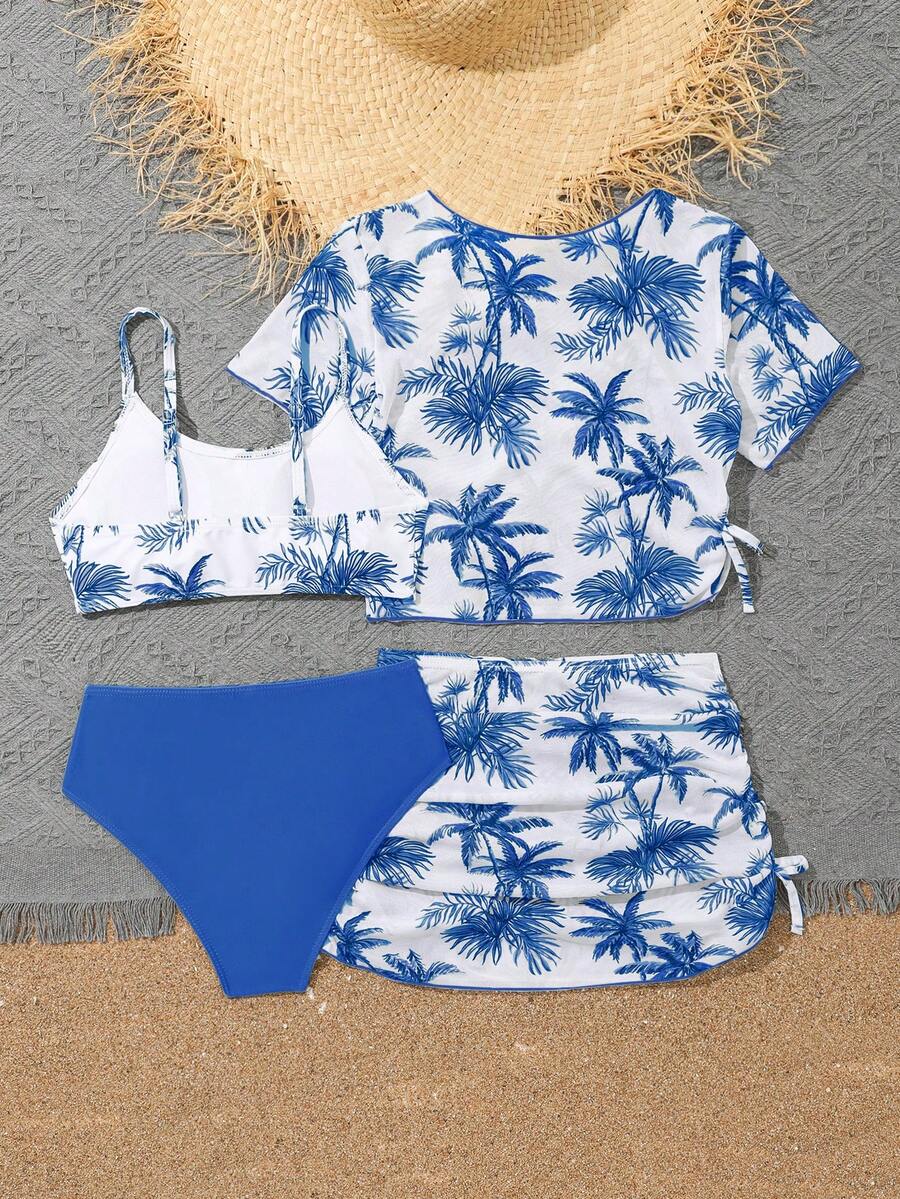 Tween girls 4-piece boho butterfly print bikini set in blue featuring spaghetti strap top, mid waist bottoms, and matching cover-up skirt.