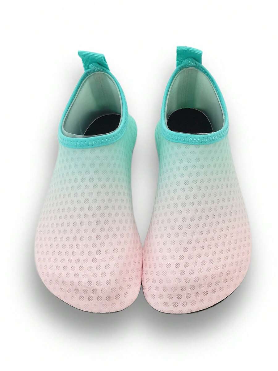 Gradient blue kids water shoes featuring breathable fabric upper, contrast binding, and flexible TPR outsole for outdoor and beach activities.