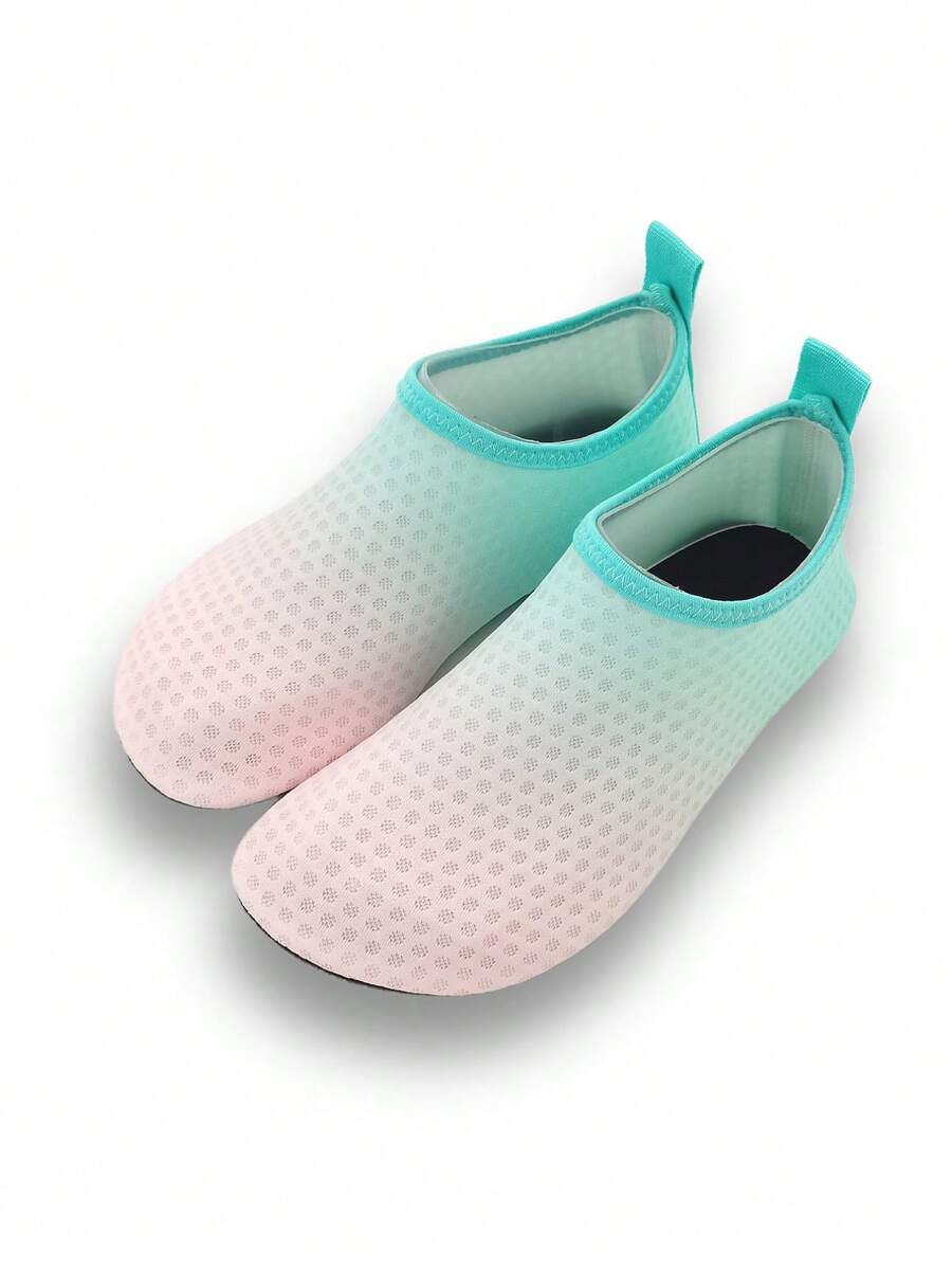 Gradient blue kids water shoes featuring breathable fabric upper, contrast binding, and flexible TPR outsole for outdoor and beach activities.