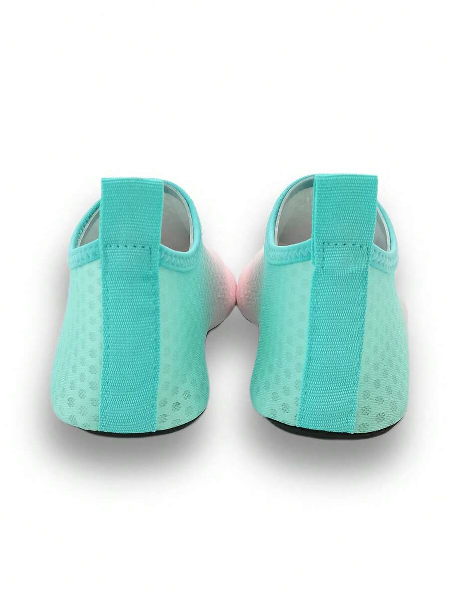 Gradient blue kids water shoes featuring breathable fabric upper, contrast binding, and flexible TPR outsole for outdoor and beach activities.