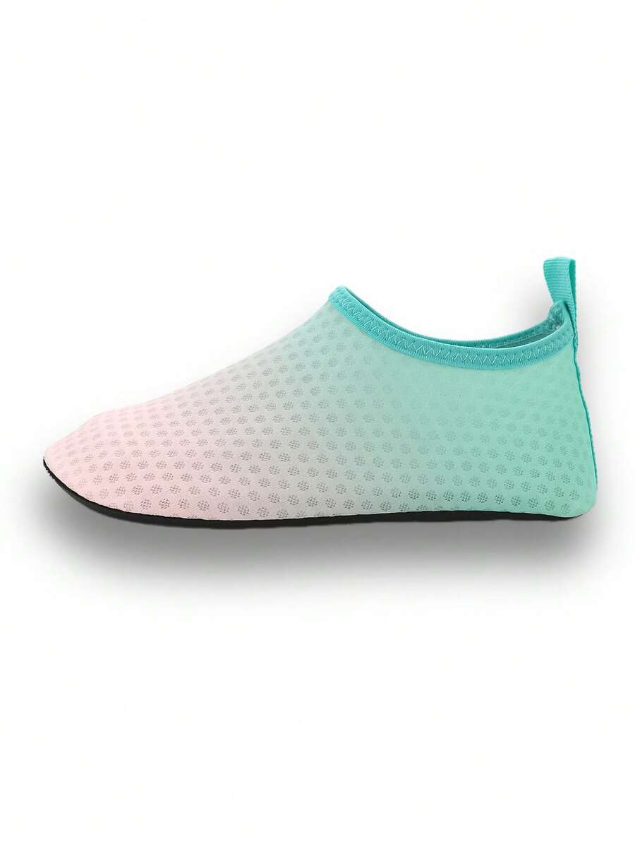 Gradient blue kids water shoes featuring breathable fabric upper, contrast binding, and flexible TPR outsole for outdoor and beach activities.