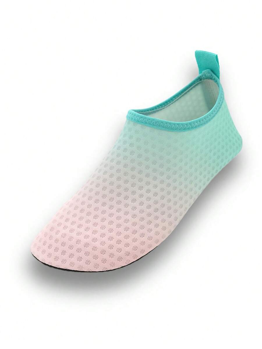 Gradient blue kids water shoes featuring breathable fabric upper, contrast binding, and flexible TPR outsole for outdoor and beach activities.