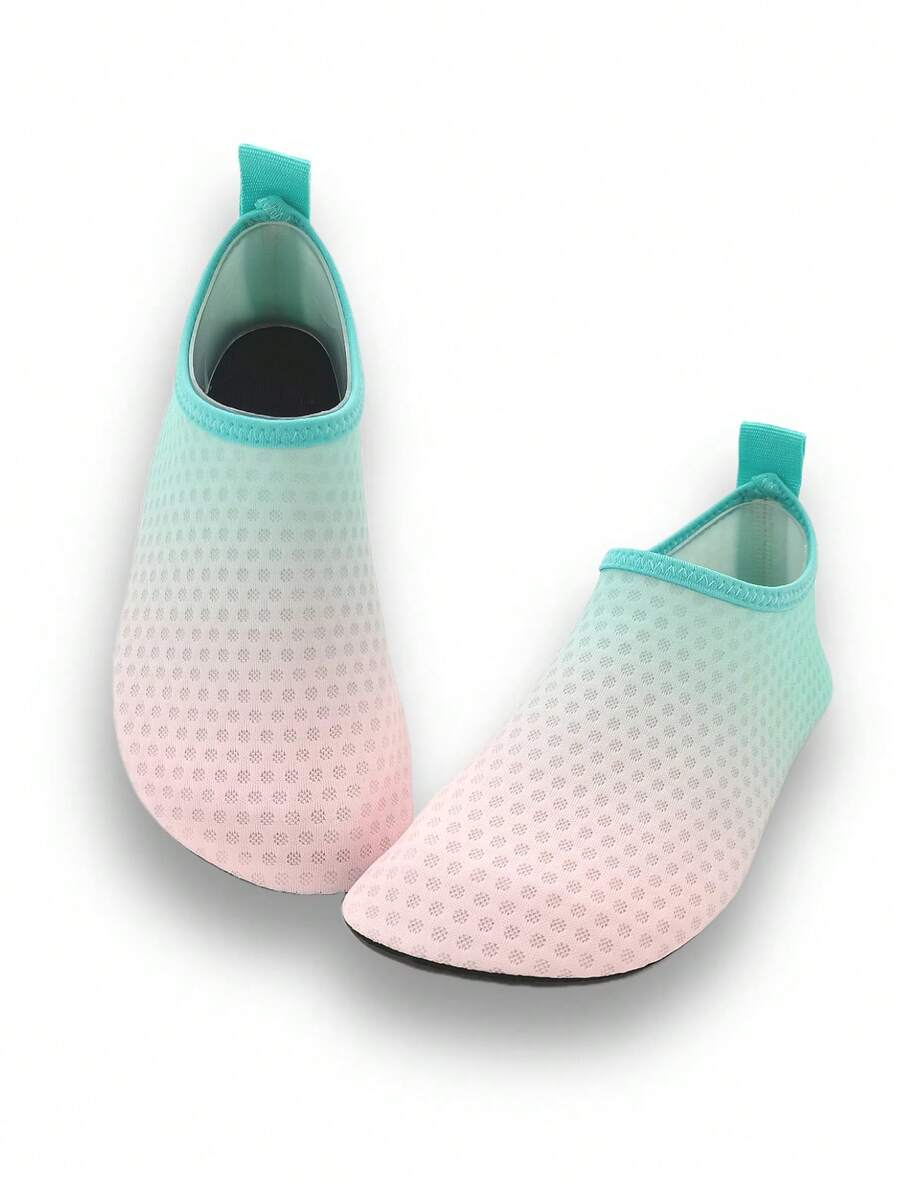 Gradient blue kids water shoes featuring breathable fabric upper, contrast binding, and flexible TPR outsole for outdoor and beach activities.