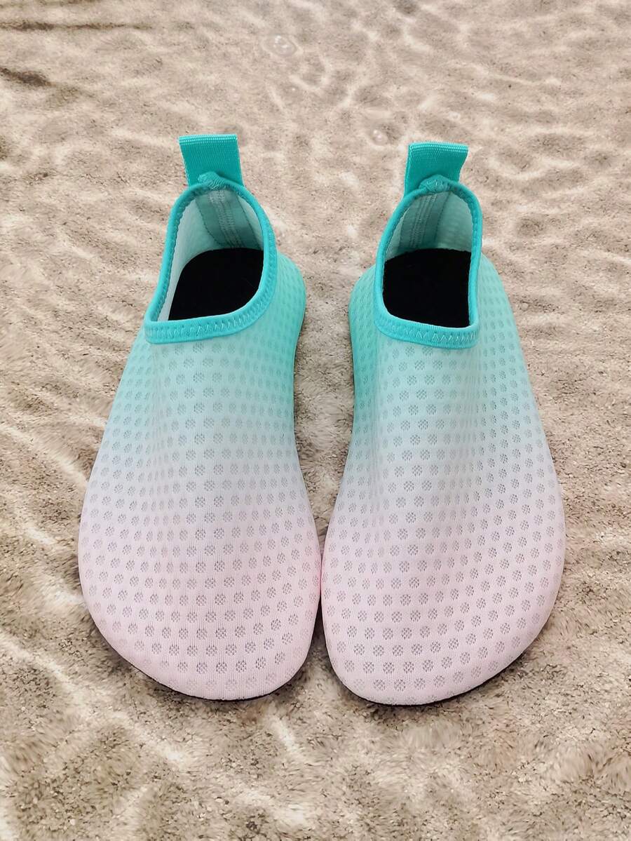 Gradient blue kids water shoes featuring breathable fabric upper, contrast binding, and flexible TPR outsole for outdoor and beach activities.