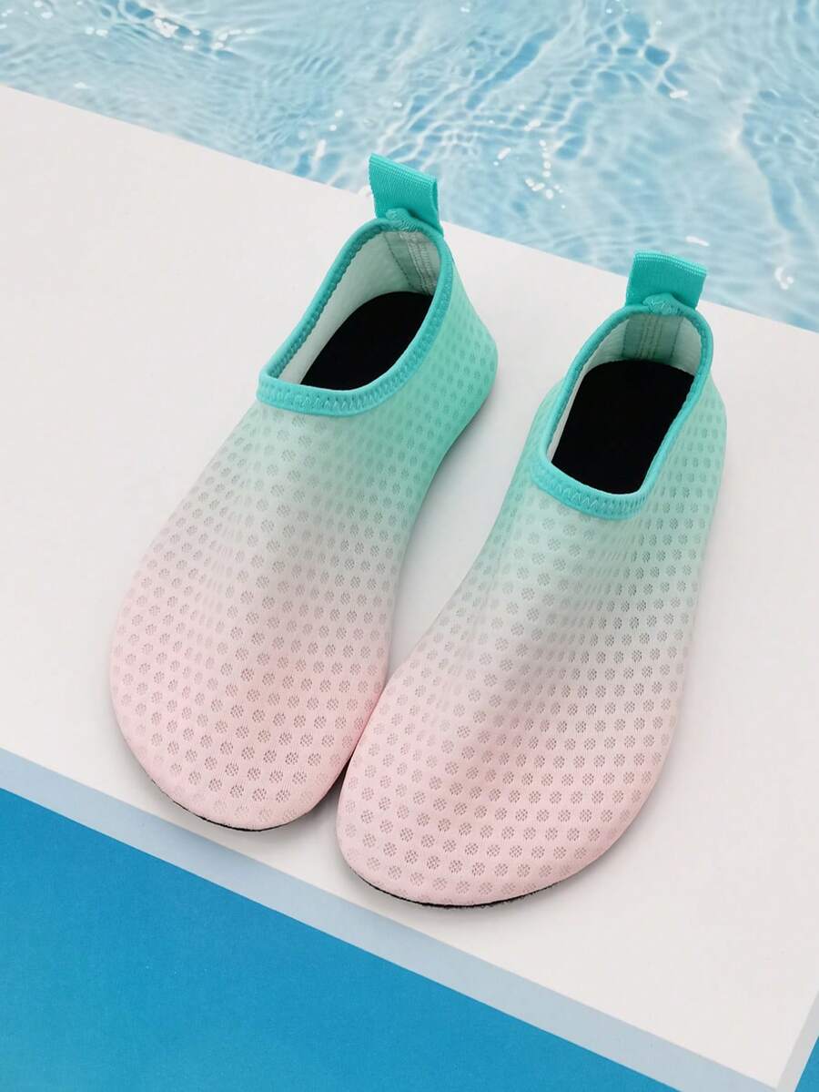 Gradient blue kids water shoes featuring breathable fabric upper, contrast binding, and flexible TPR outsole for outdoor and beach activities.