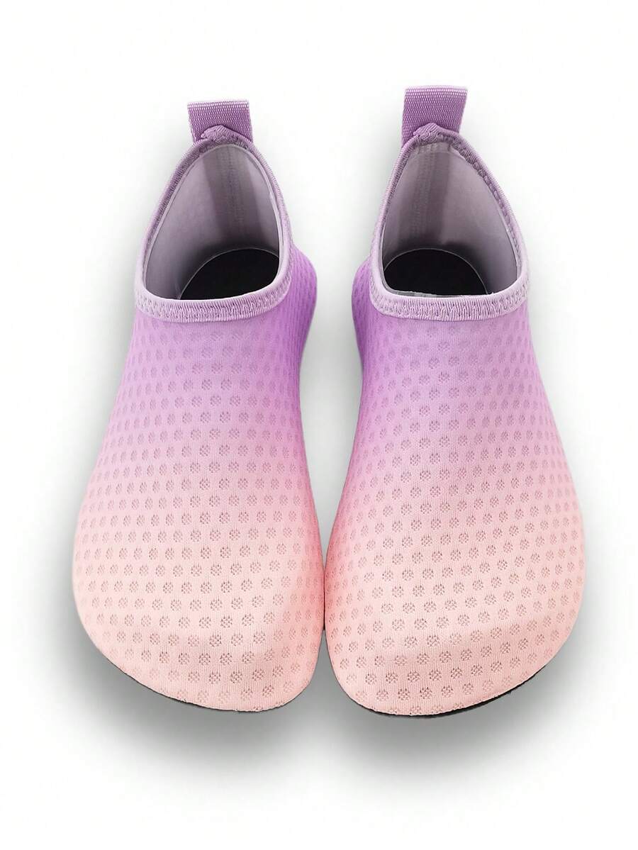 Gradient blue kids water shoes featuring breathable fabric upper, contrast binding, and flexible TPR outsole for outdoor and beach activities.