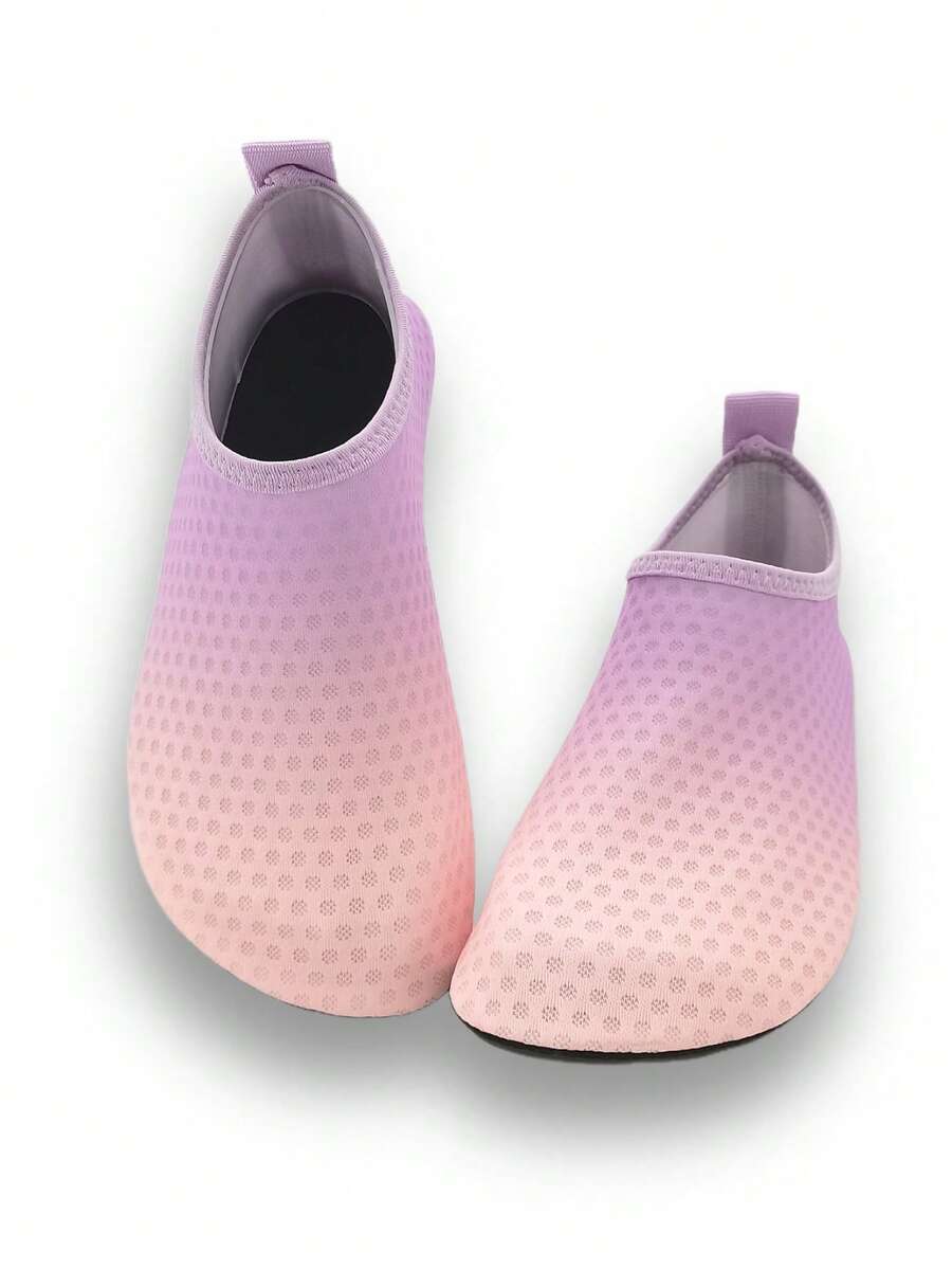 Gradient blue kids water shoes featuring breathable fabric upper, contrast binding, and flexible TPR outsole for outdoor and beach activities.