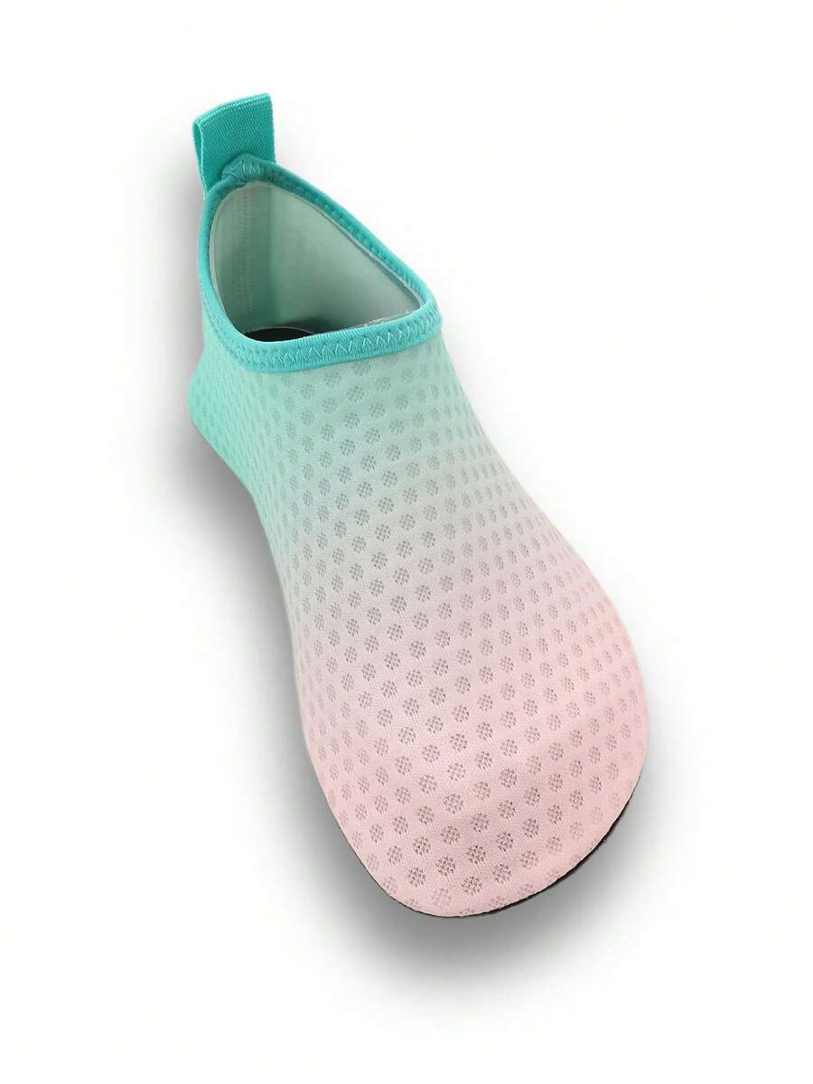 Gradient blue kids water shoes featuring breathable fabric upper, contrast binding, and flexible TPR outsole for outdoor and beach activities.