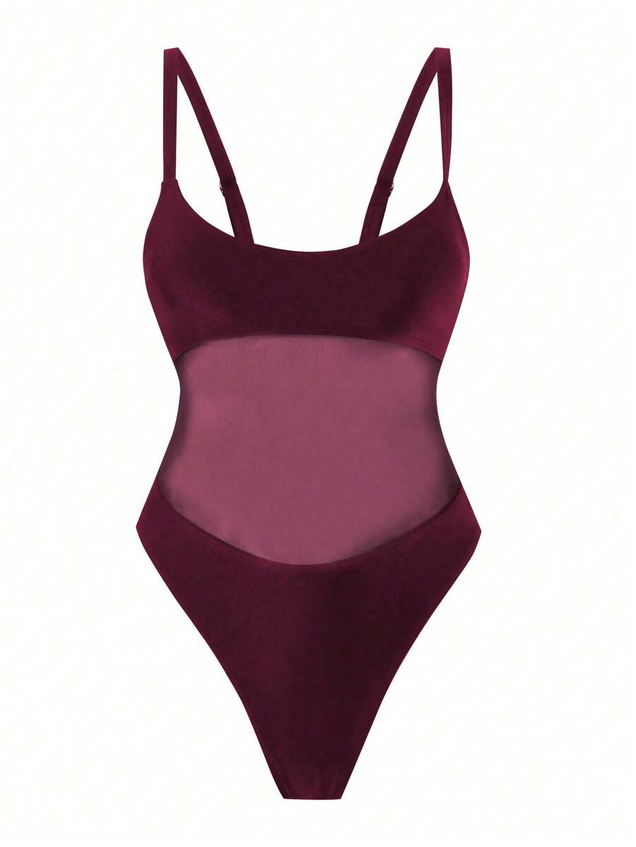 Black floral print mesh patchwork one-piece swimsuit for women featuring spaghetti straps, V-wired triangle cups, and a high waist silhouette.